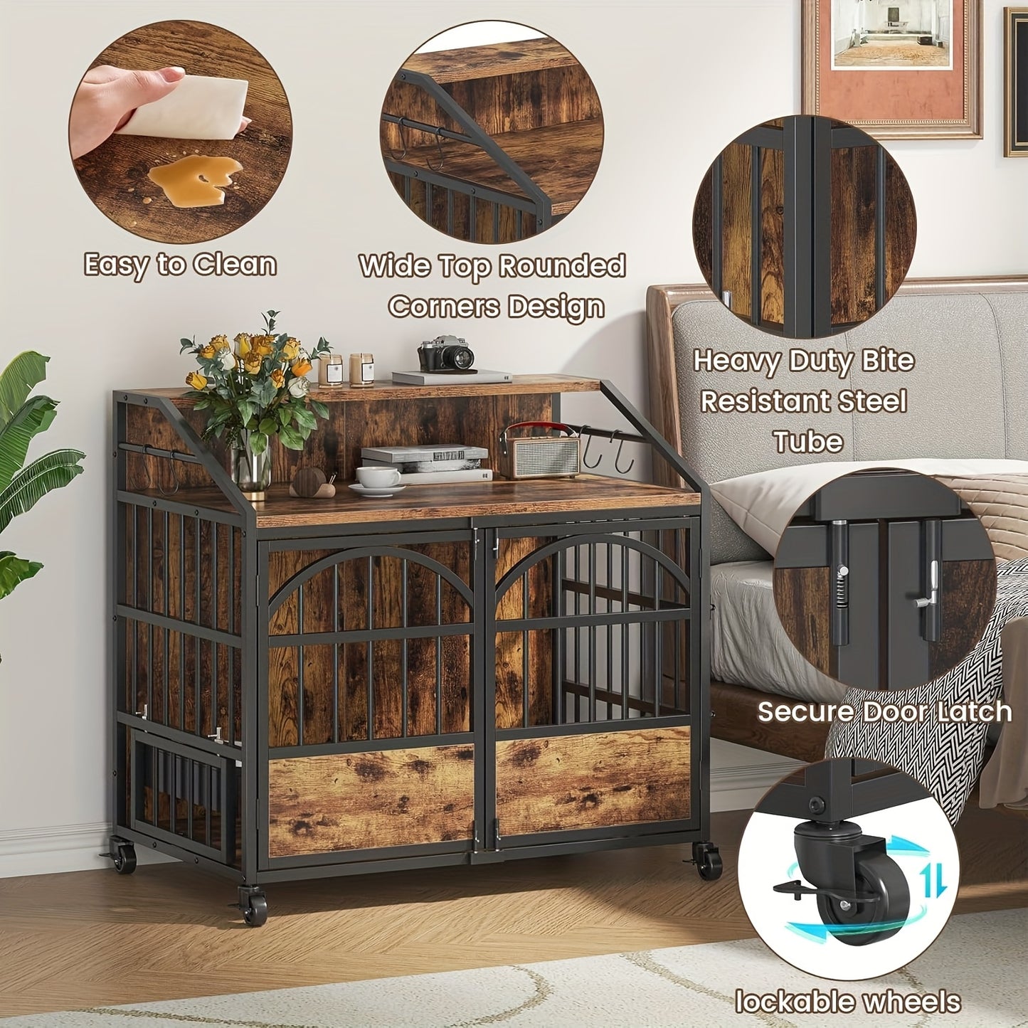 44 Inch Heavy Duty Metal Dog Crate Furniture with Wooden Top and Spacious Design for Large Dogs