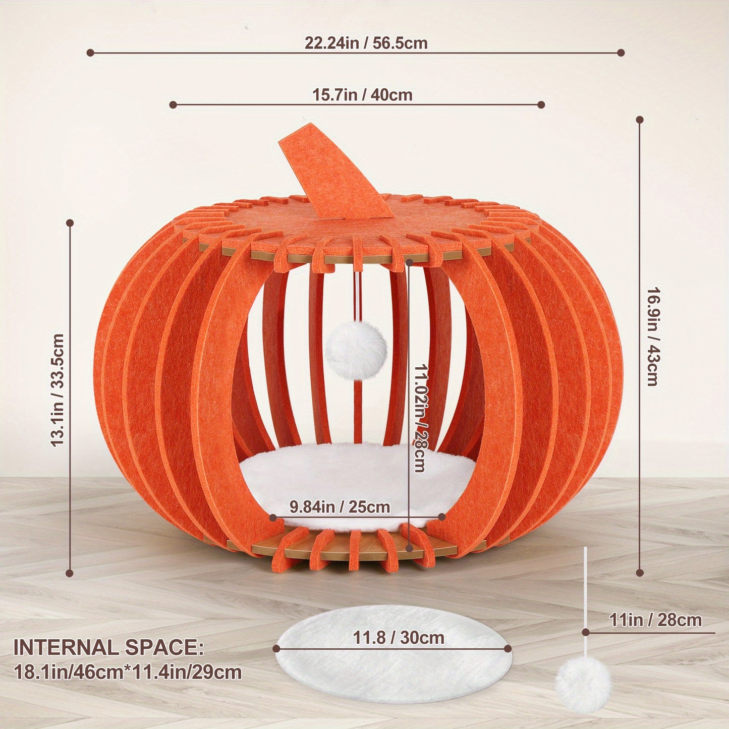 BTY Wool Felt Cat House Pumpkin Bed with Cushions Ideal for Cats Dogs and Reptiles