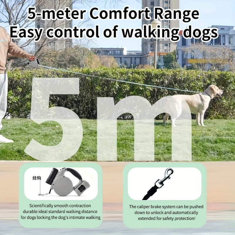 Multifunctional Retractable Dog Leash 5m/16ft | Hands-Free Extendable Pet Lead with Built-in Storage Box & 3 Waste Bag Rolls | Portable Poop Bag Dispenser, Tangle-Free Design for Walking/Hiking