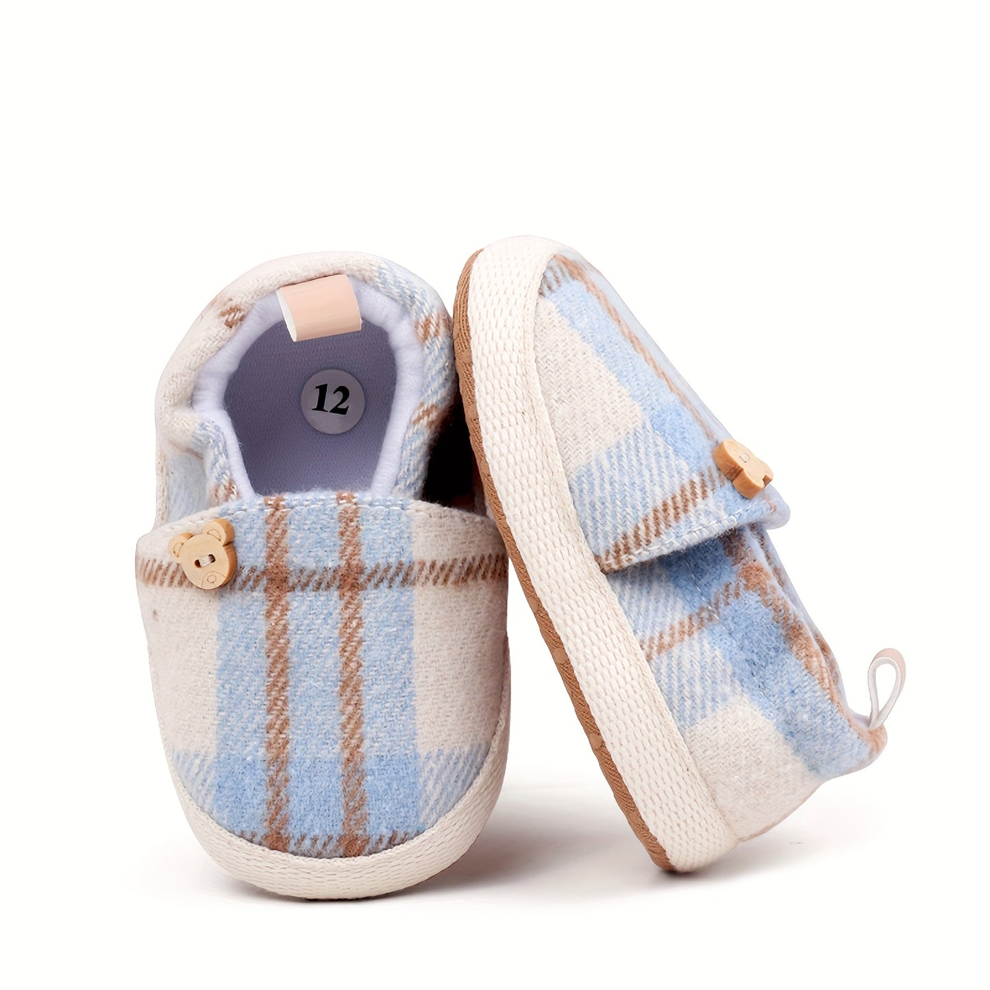Baby First Walking Shoes - Soft Fabric Slip-On Sneakers with Striped & Plaid Patterns, Easy Snap Closure, Lightweight Crib Shoes for Infant Boys & Girls, All-Season Casual Shoes with Bear Button & Cushioned Insole, Baby Shoes