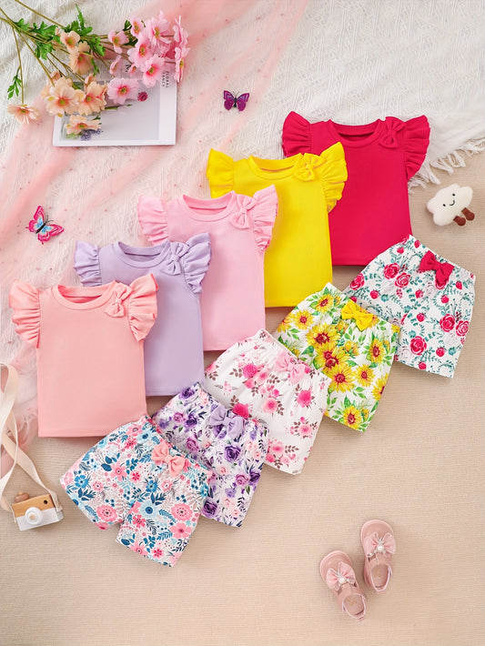 Ten-Piece Set of Girls' Casual Style Purple, Pink, And Red Rose with Yellow Sunflower Print Soft Knit Fabric Flyaway Sleeve Bow Top And Shorts Outfit