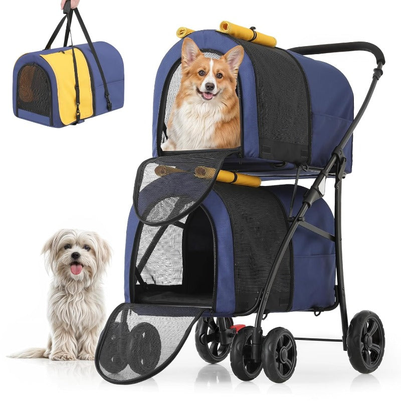 Double Dog Stroller with Detachable Carrier Bags Large 4 Wheels Foldable Jogger for Small and Medium Dog Cats