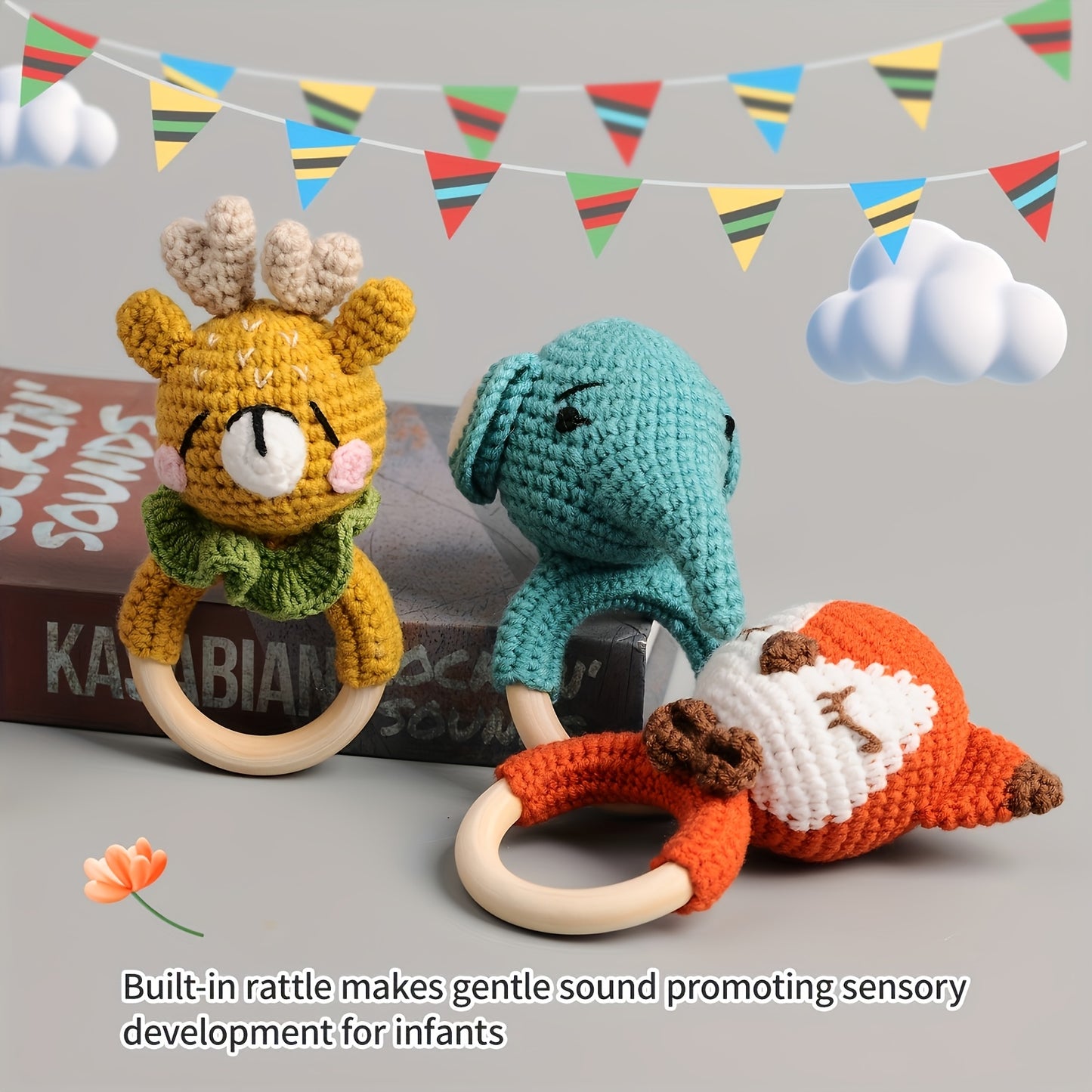 A Set of 6 Rattles Featuring Animal Figurines Including an Elephant, a Moose, a Fox, a Rabbit, And a Deer. These Handcrafted Crochet Decorations Are Perfect for Festive Parties And Suitable for Babies And Children, Making The