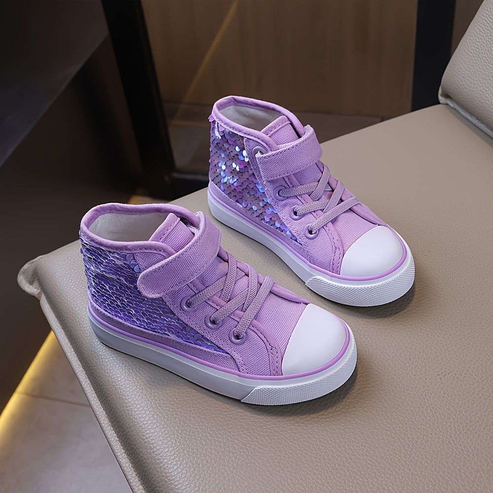 Girls Lightweight Canvas Sneakers with Purple Star Sequins Mid-Top Casual Shoes