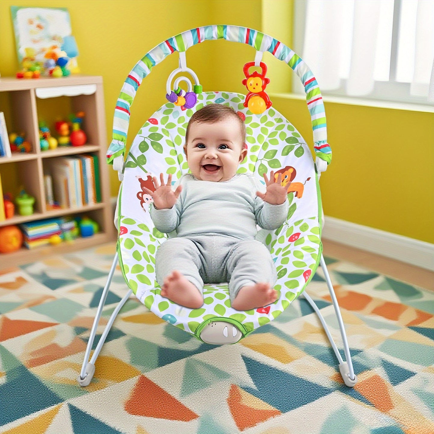 Baby Bouncer Seat with Soothing Vibration Toys & Animal & Geometric Patterns - Adjustable Straps, Breathable Mesh, Portable Design for Indoor/Outdoor Use - Unisex Infant Learning & Development, Indoor Play Seat, Playful Desig