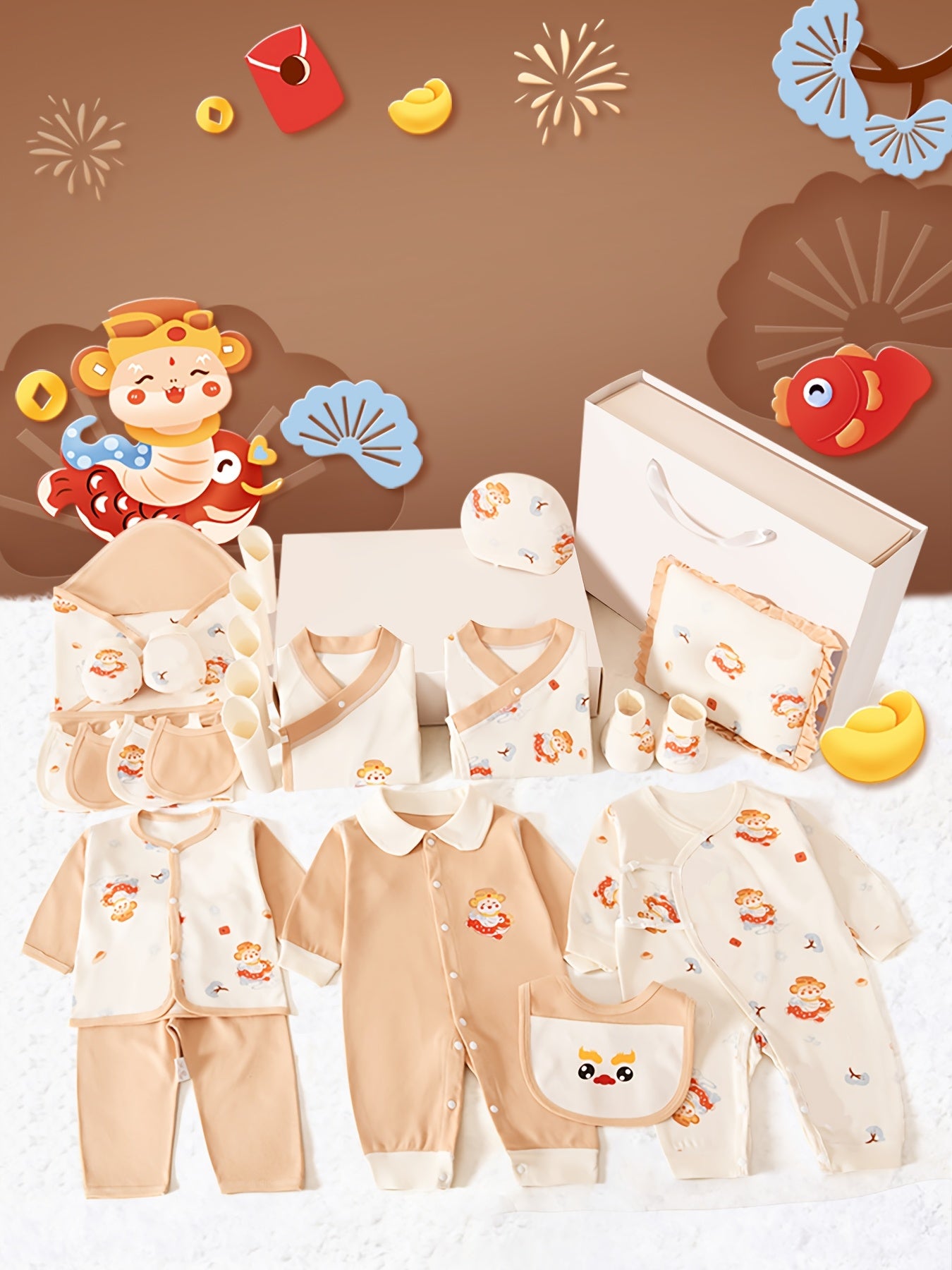 Baby Boy Clothes+Newborn Necessities Set 28pcs, Shower Gifts, Local Warehouse, 5 Sets Of Clothes+Hat+Pillow+Hand And Foot Sets+Bib Outfits, Romper, All-season Wearable,, Soft Fabric, Perfect for Outdoor