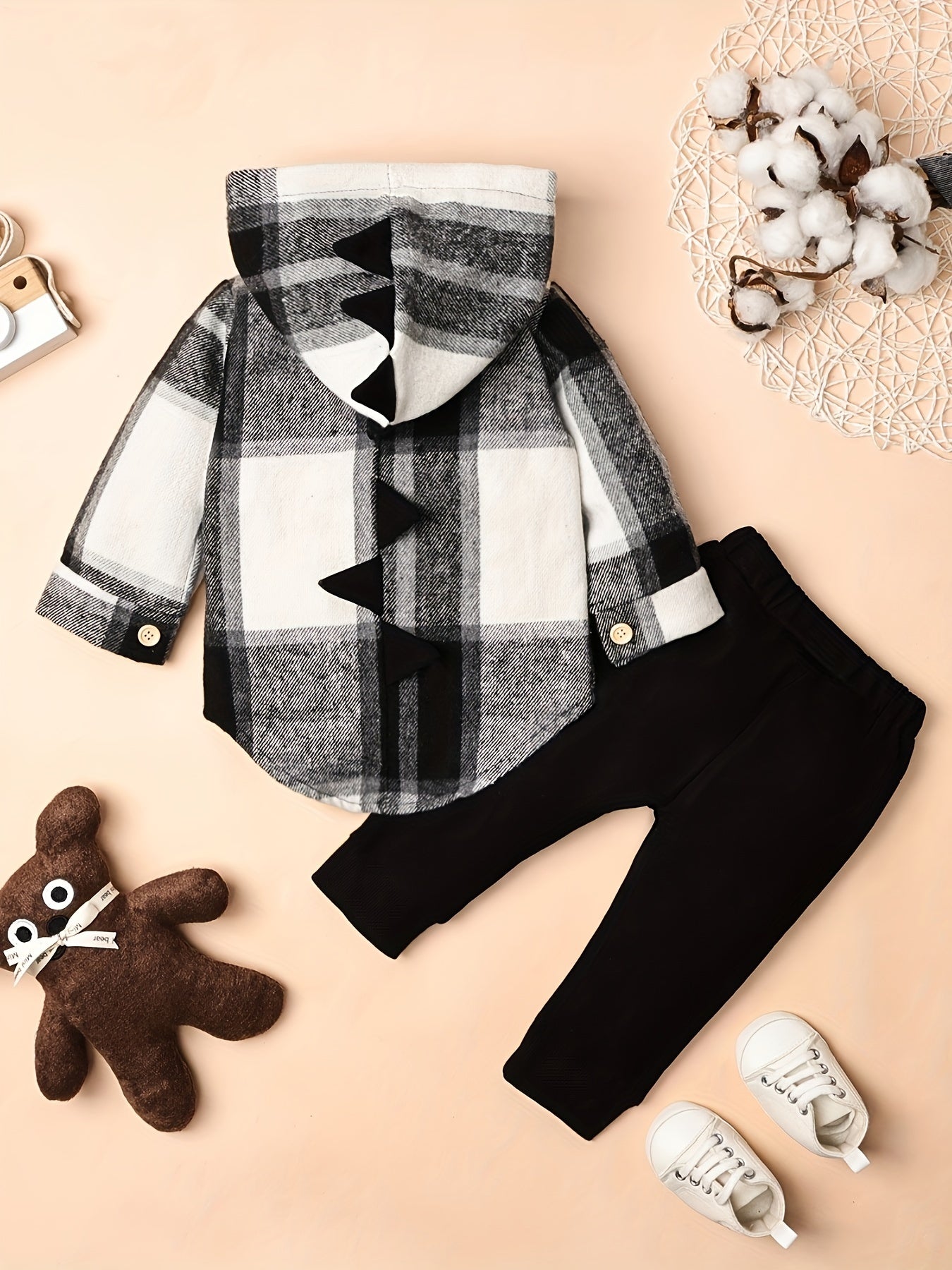 Toddler Boy Plaid Dinosaur Hoodie and Pants Set for Fall and Winter Ages 6 Months to 5 Years