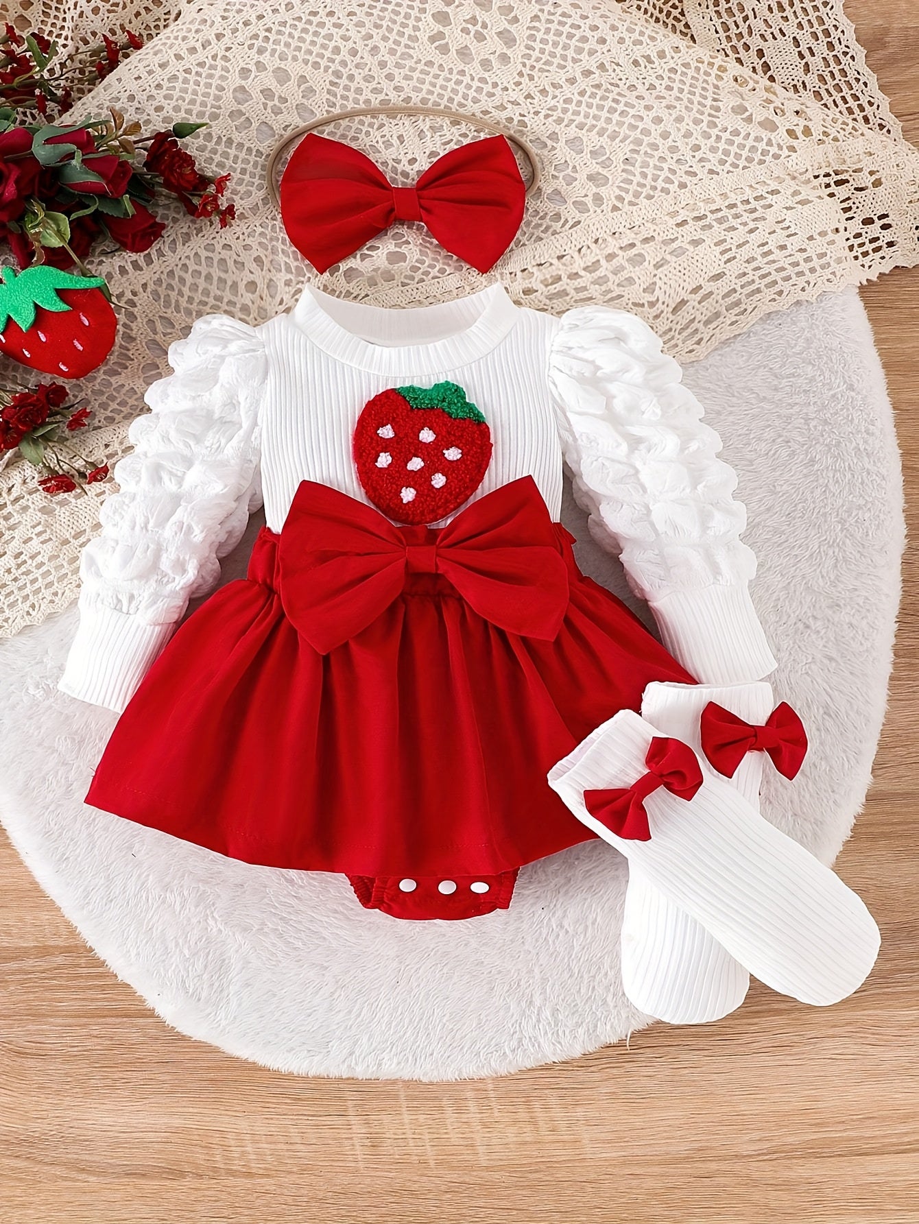 Four Piece Baby Girl Strawberry Embroidered Bow Romper Set With Headband And Socks