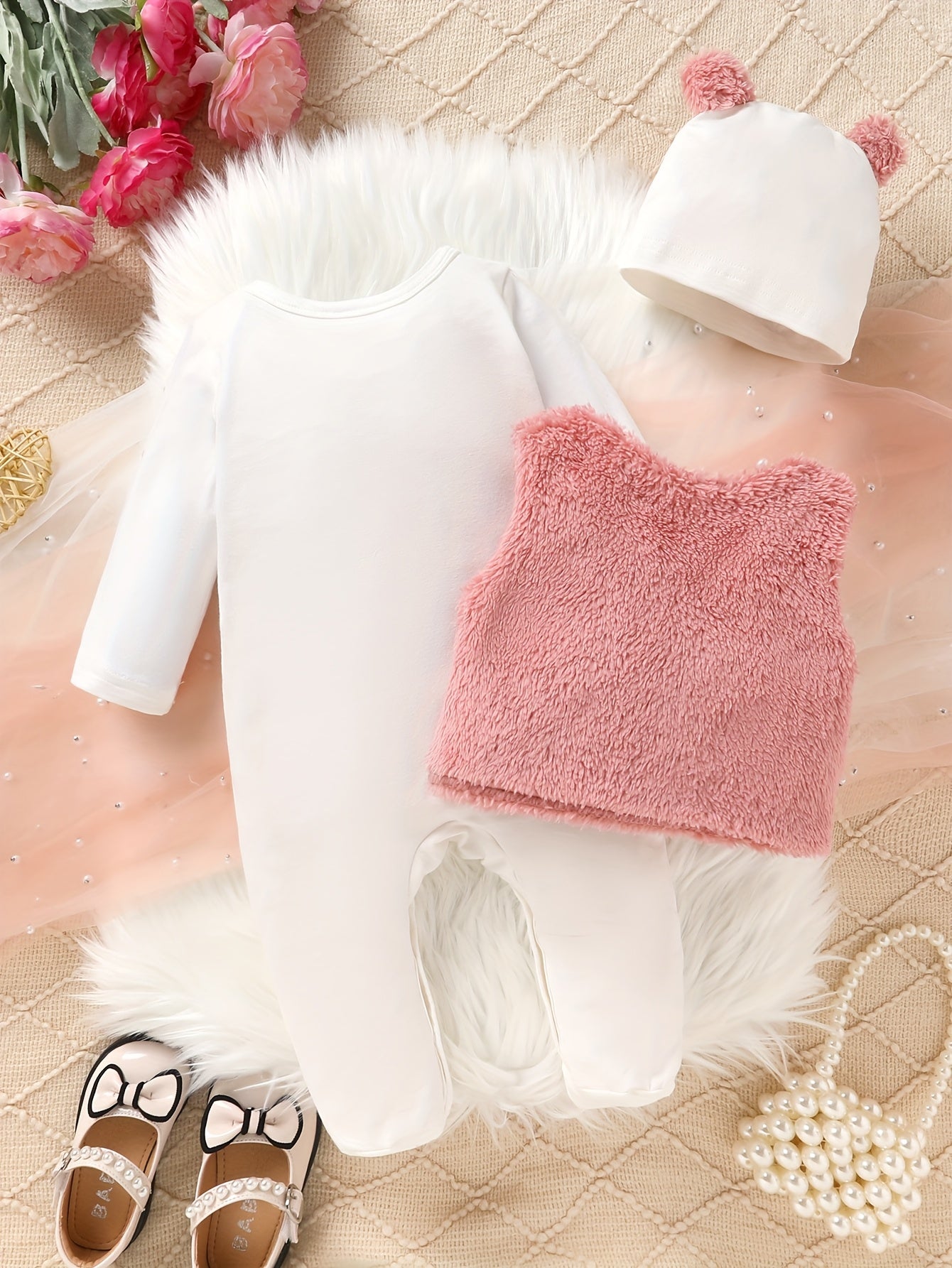 Baby Girl Three Piece Outfit With Teddy Bear Vest Jumpsuit