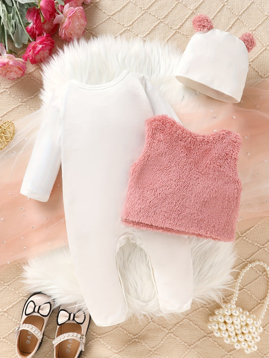 Baby Girl Three Piece Outfit With Teddy Bear Vest Jumpsuit