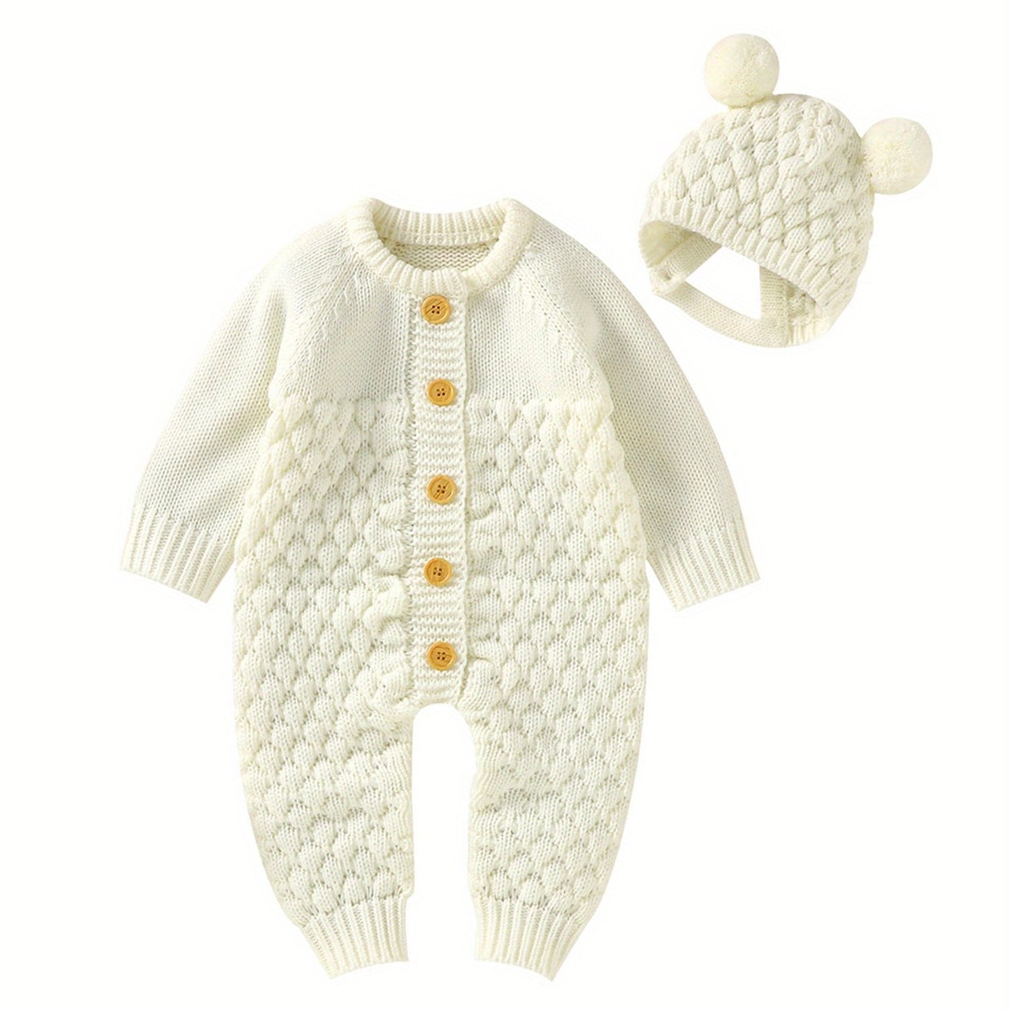 Infant Baby Winter Knit Romper Bear Hat 2pc Set Long Sleeve