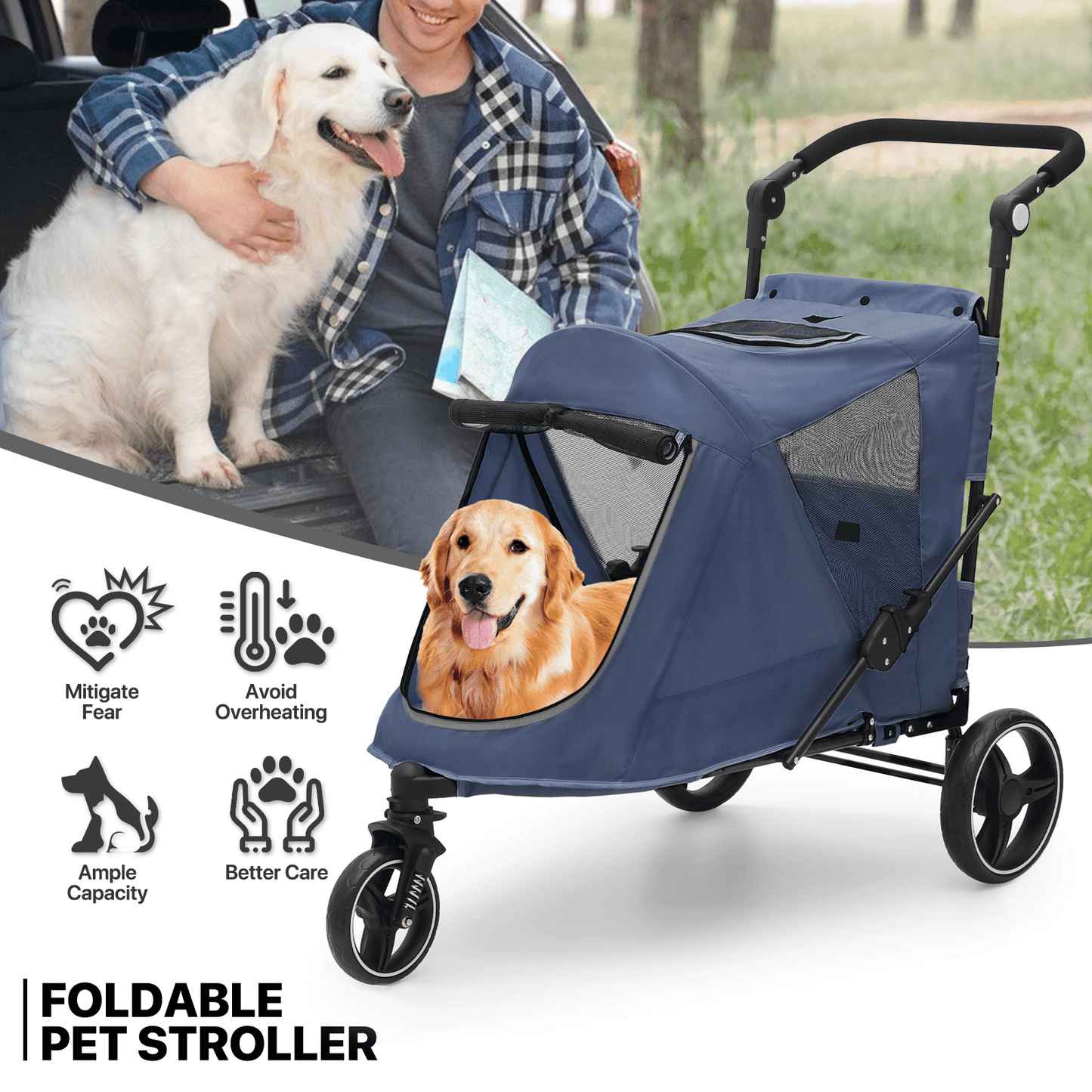 MoNiBloom Pet Stroller for Large Dogs or Multiple Dogs Cats with Adjustable Handle, 3-Wheels Dual Entry Portable Dog Carting Easy Folding Pet Wagon Double Dog Stroller