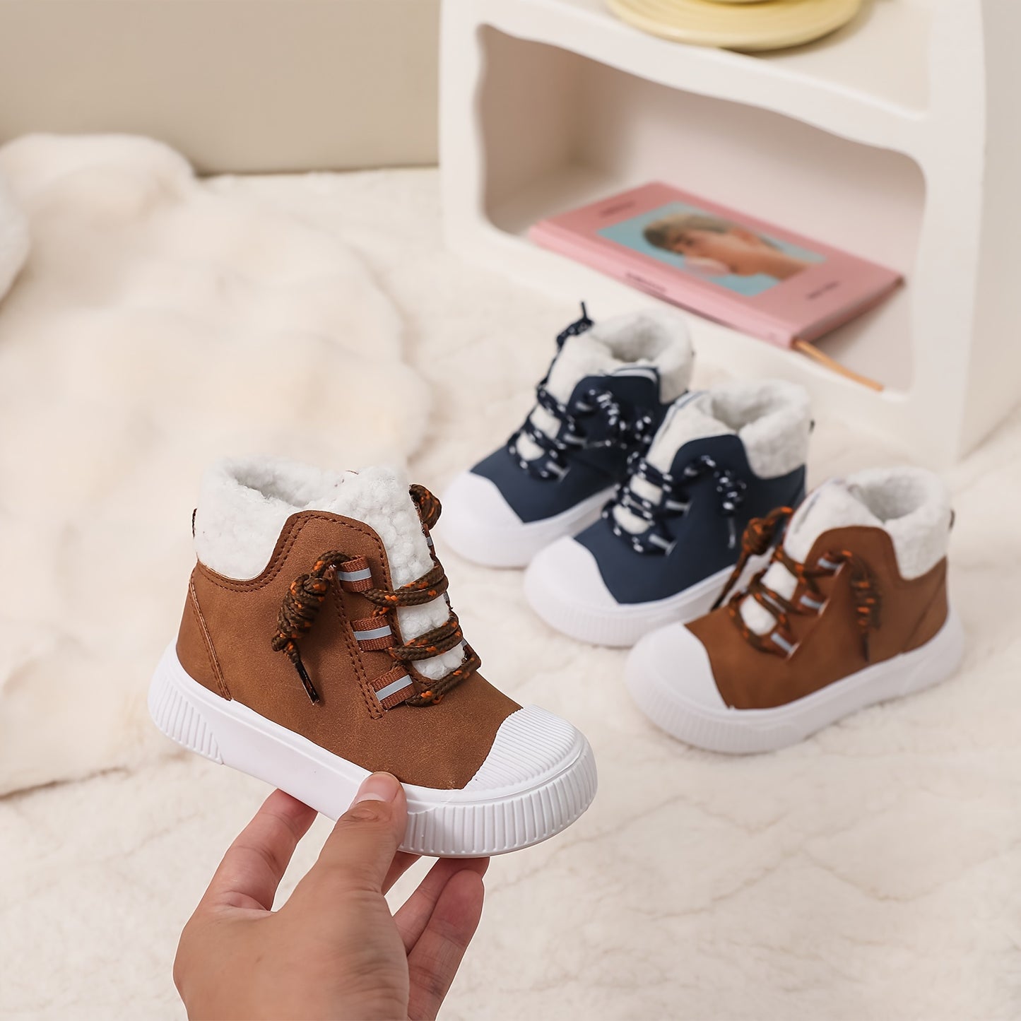 Cozy Fleece Lined High Top Sneakers for Kids with Hook and Loop Closure for Fall Winter