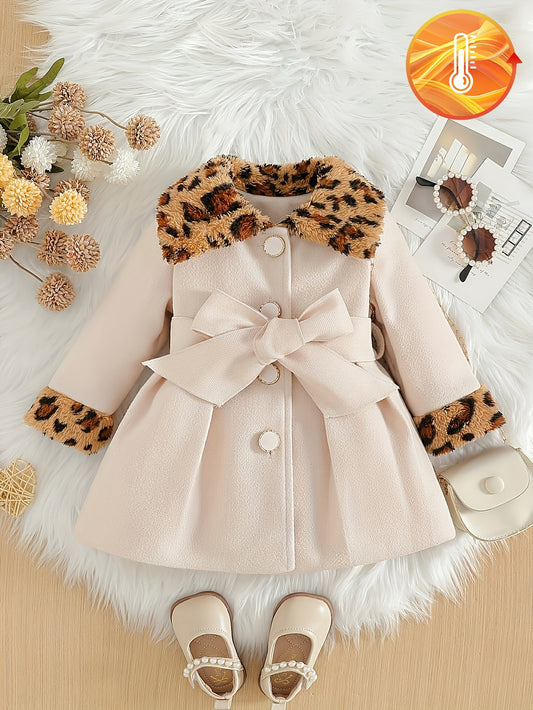 Baby Clothing, Baby Products, Back-to-school Season Small Gifts For Baby Girls, Solid Colors, Versatile For Autumn And Winter, Leopard Print Plush Lapel Bow Coat, Suitable For Festivals And School Days, Back-to-school Season