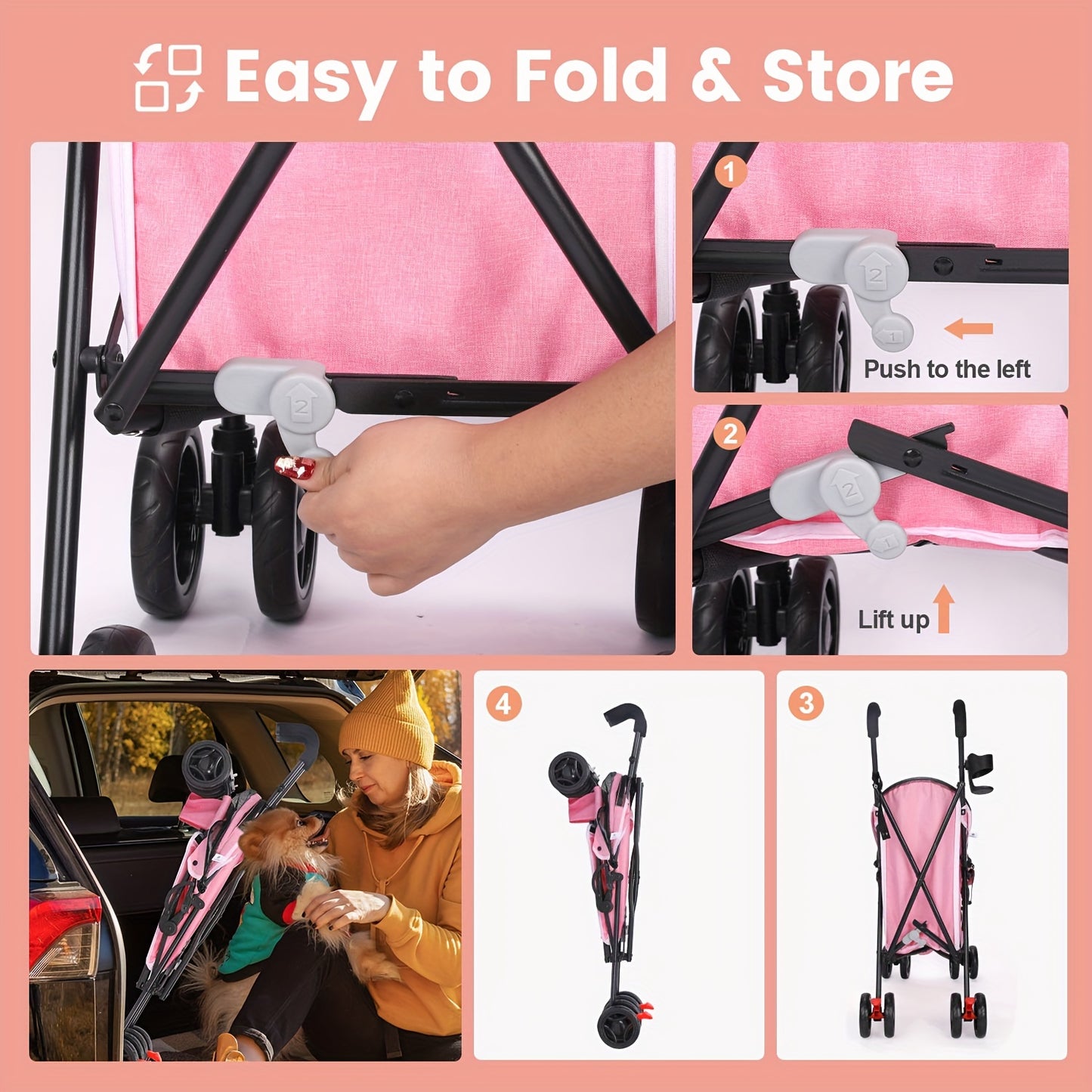 Easy-Fold Pink Pet Stroller for Small Dogs & Cats - 33 LBS Capacity, Breathable Mesh Panels, Safety Leashes, Cup Holder & Storage Basket, Smooth 4-Wheel Design with Secure Canopy, Dog Stroller