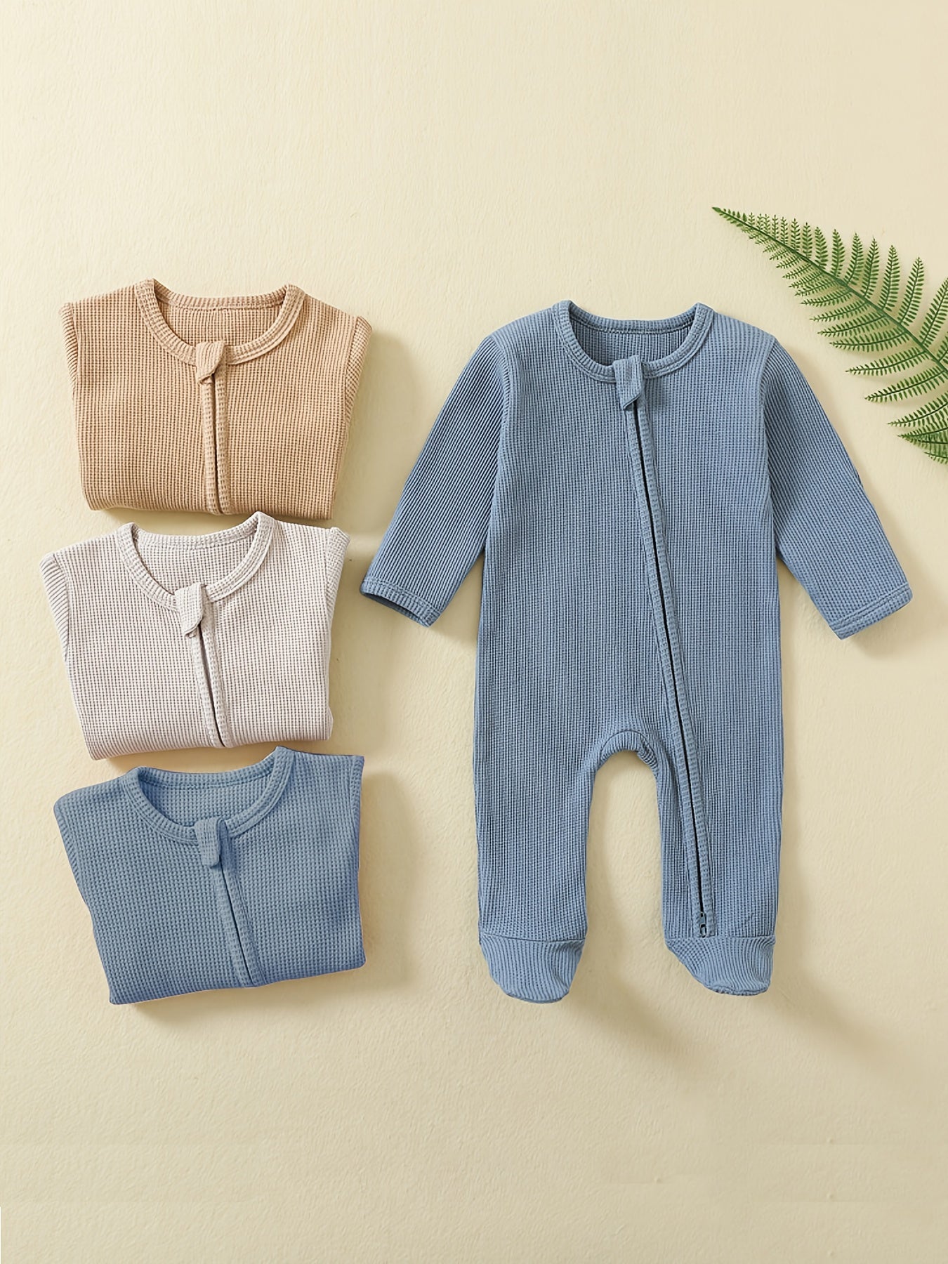 [3pcs Baby Romper] 3pcs Newborn Baby Boys One Piece Romper | Long Sleeve Waffle Solid Color Jumpsuit | With Mitten Cuffs Zipper Outfit Clothes for Outdoor