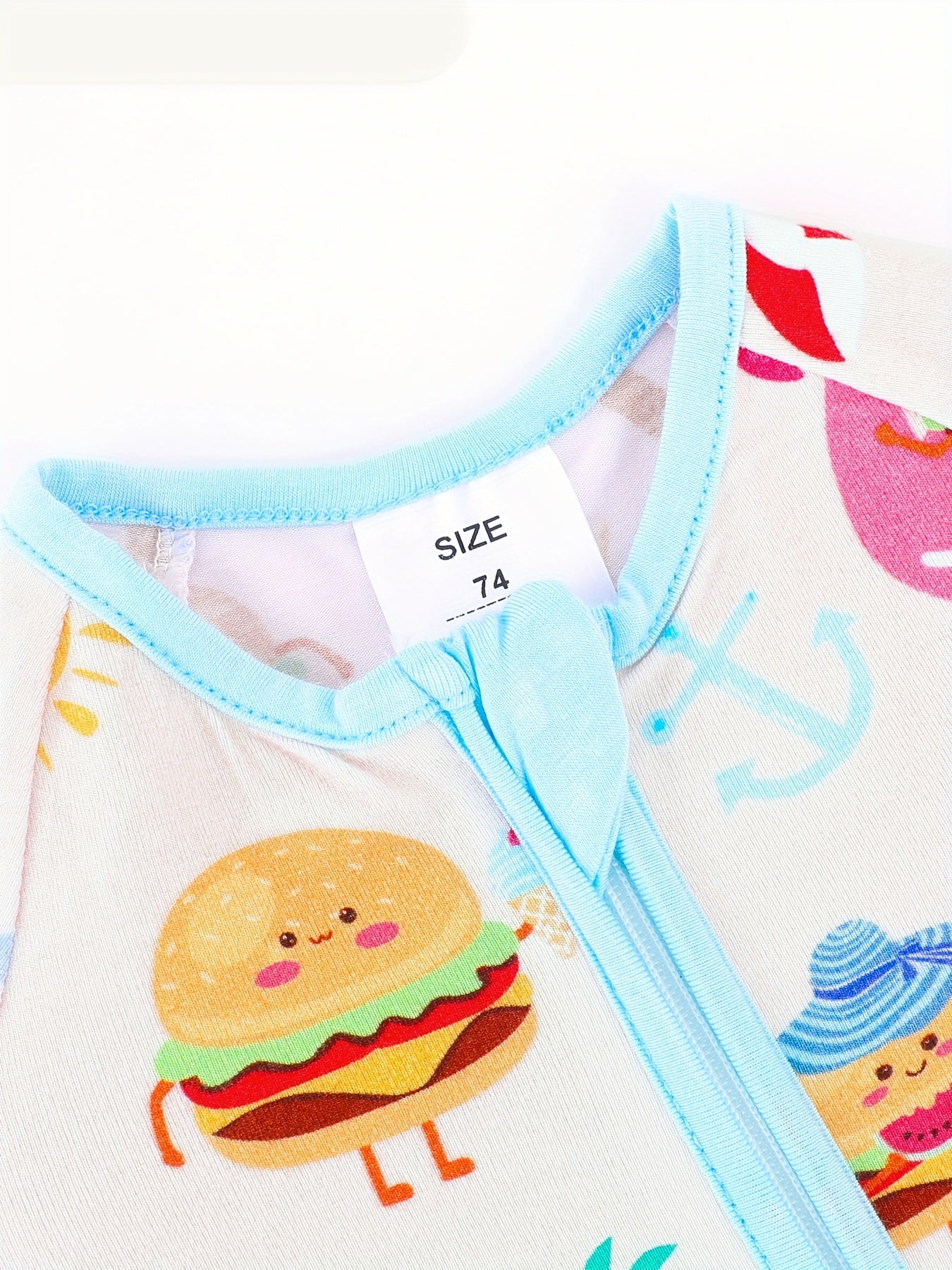 JUNBLEBABY Bamboo Fiber Long Sleeve Zipper Onesie - Soft & Comfortable - Summer Burger & Beach Print - Ideal for Outdoor Wear, Machine Washable