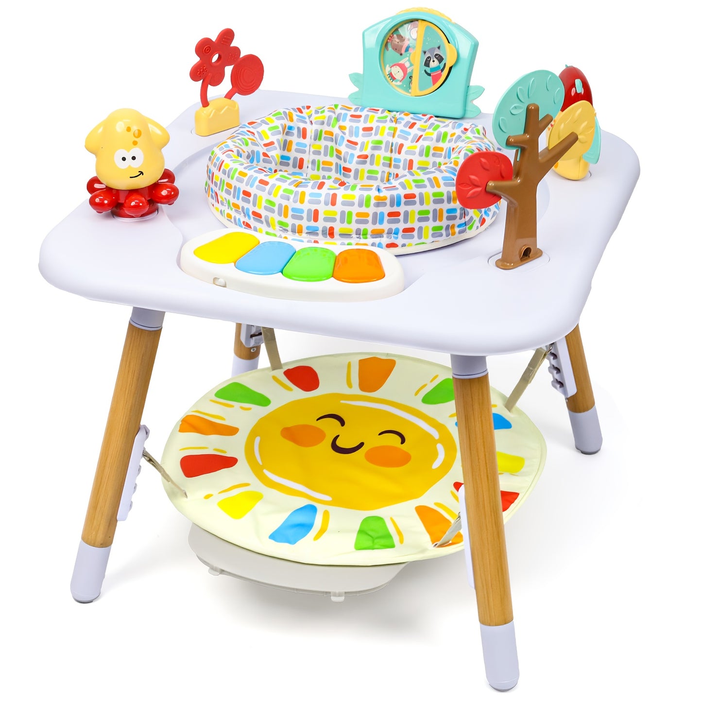 White Baby Activity Center With Five Interactive Toys Adjustable Height Levels Foldable Music Jumper Cushioned Surface