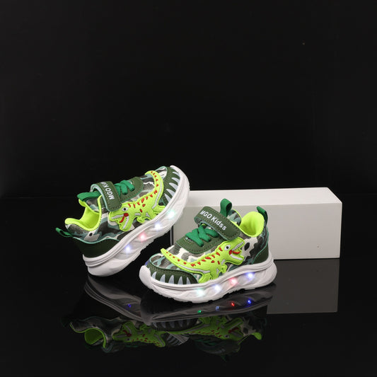 Moolsun 2025 Spring Cartoon Dinosaur Sports Shoes with LED Lights for Boys and Girls