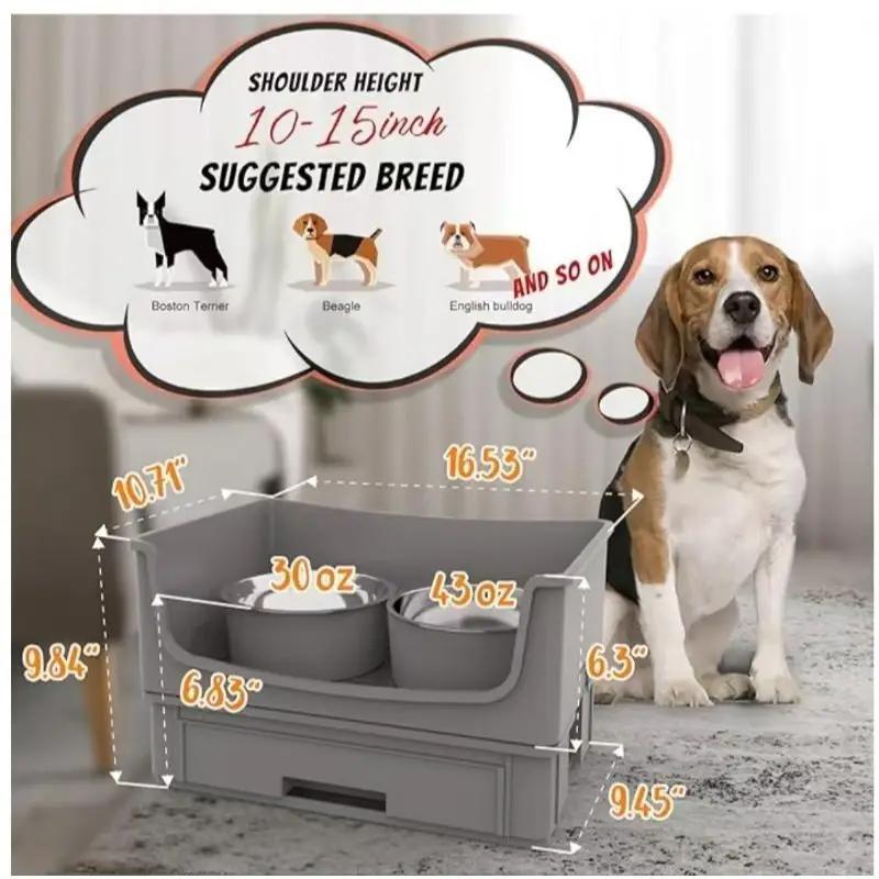 Elevated Dog Bowl Stand Set with Stainless Steel Bowls and Mess Proof Design in Grey