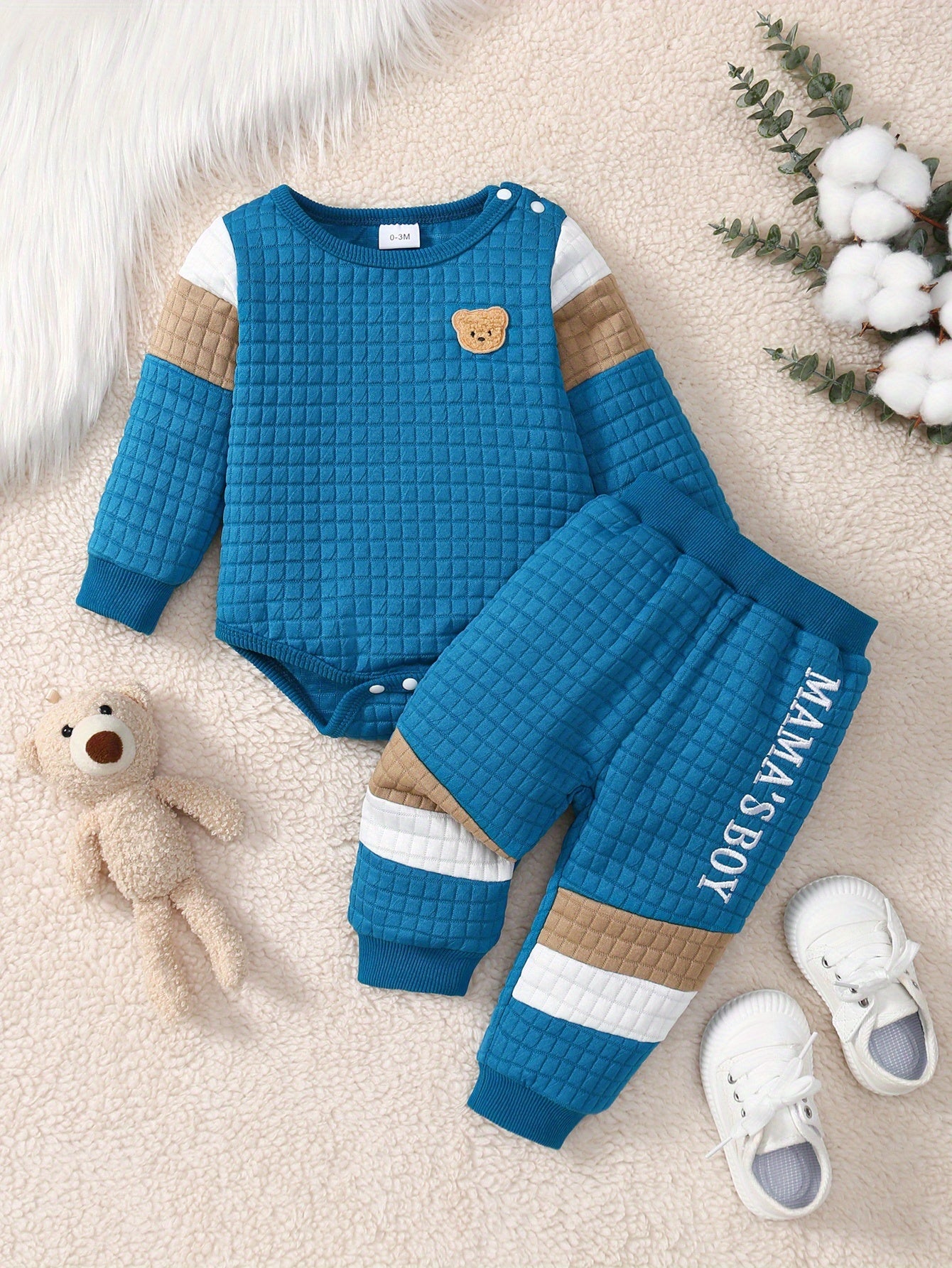 2pcs Baby Boy Pants Set, Teddy Bear Zhangzai Huafu Grid Contrasting Splicing Long Sleeved Shirt+mother's Boy Letter Embroidery Contrasting Pants Set, Newborn Autumn And Winter Cute Clothing, Perfect for Outdoor