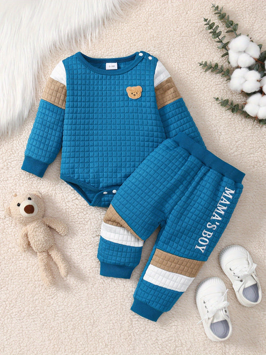 2pcs Baby Boy Pants Set, Teddy Bear Zhangzai Huafu Grid Contrasting Splicing Long Sleeved Shirt+mother's Boy Letter Embroidery Contrasting Pants Set, Newborn Autumn And Winter Cute Clothing, Perfect for Outdoor