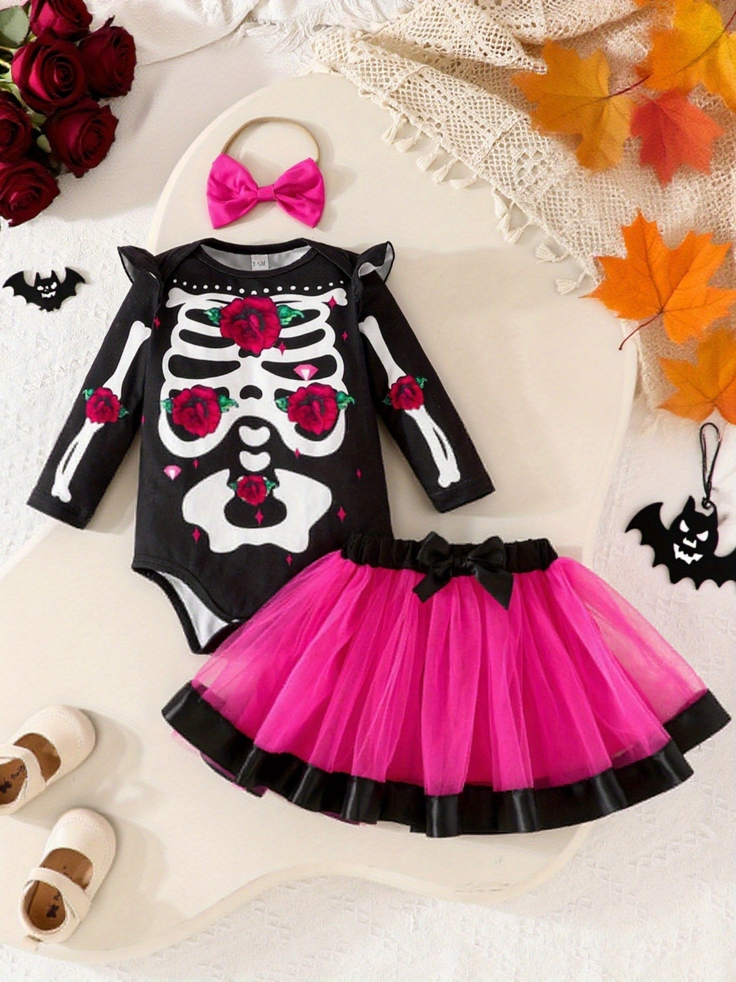 Halloween Skeleton Rose Three Piece Baby Girl Outfit Romper