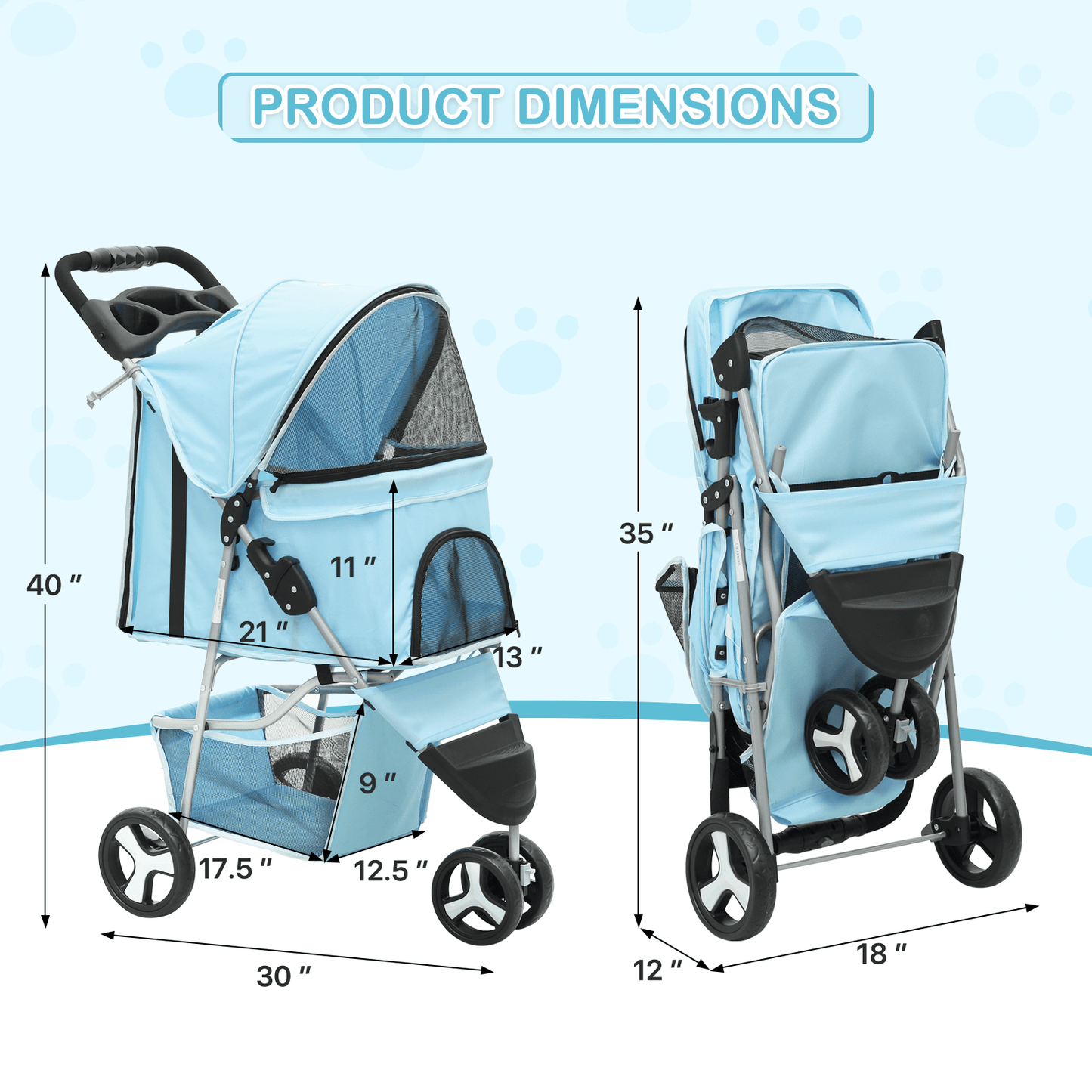 MoNiBloom Foldable Dog Strollers for Small Dogs with Weather Cover, 3 Wheels Pet Strolling Cart for Dogs and Cats with Storage Basket and Cup Holder, Breathable and Visible Mesh for All-Season