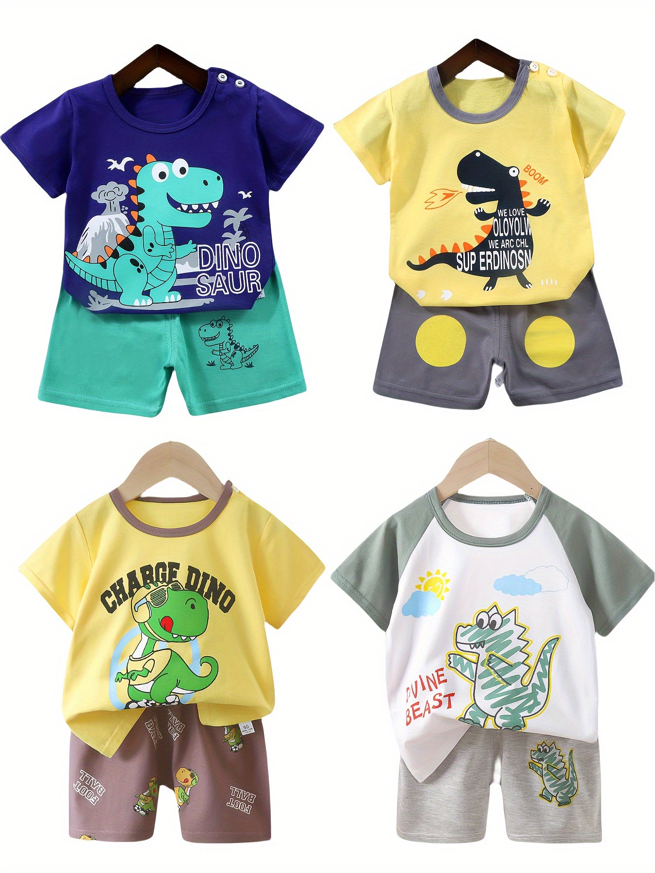 4sets Children's Dinosaur Series Casual Clothing Set For Boys Top Baby Comfortable Short Sleeved Shorts Set