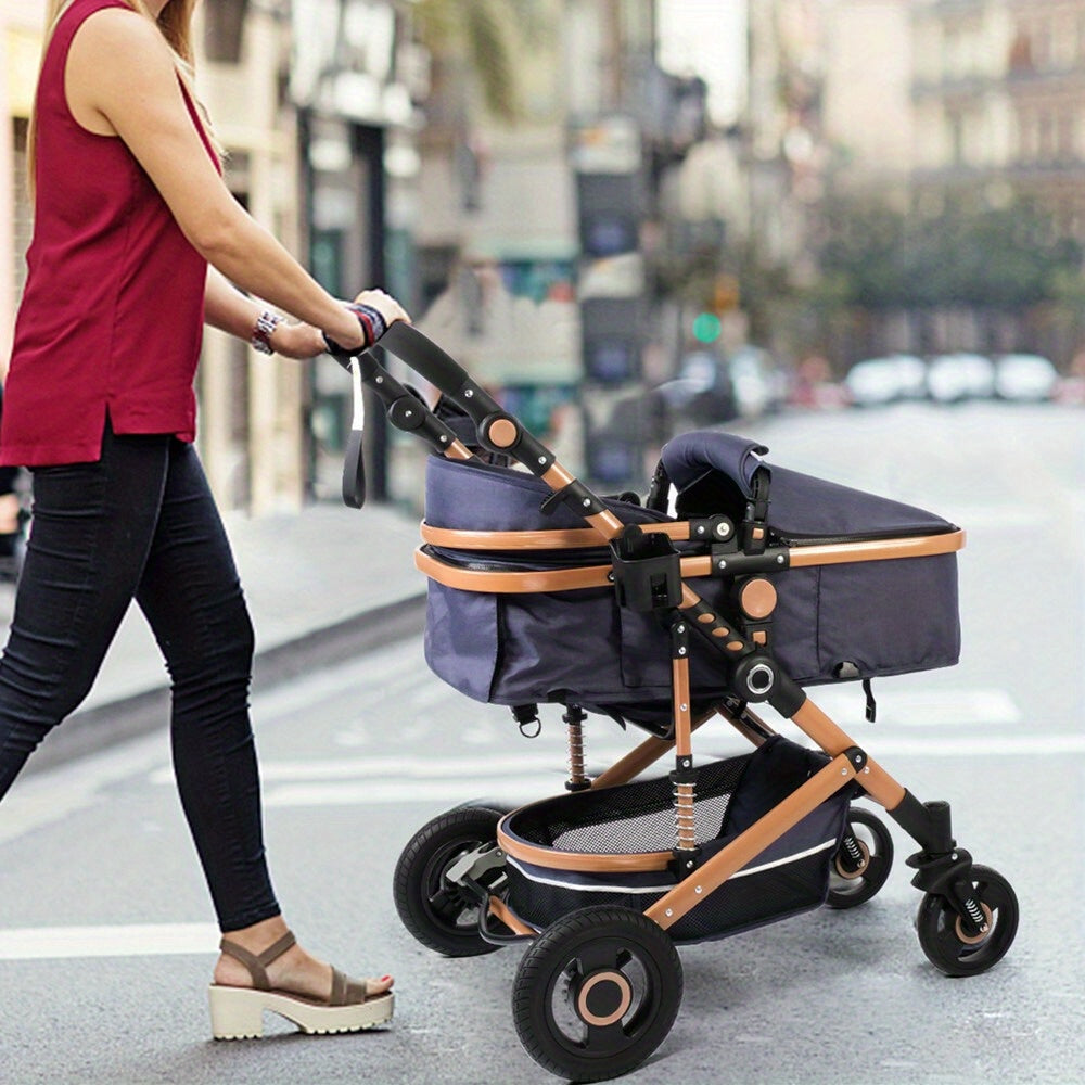 LUCKYERMORE 2-in-1 Convertible Pet Stroller - Foldable High Landscape Design with Adjustable Canopy, Foot Cover, Cup Holder & Safety Wrist Net - 100 lb Capacity, Aluminum Frame, Navy Blue, Small Dog Stroller, Secure Pet Trave