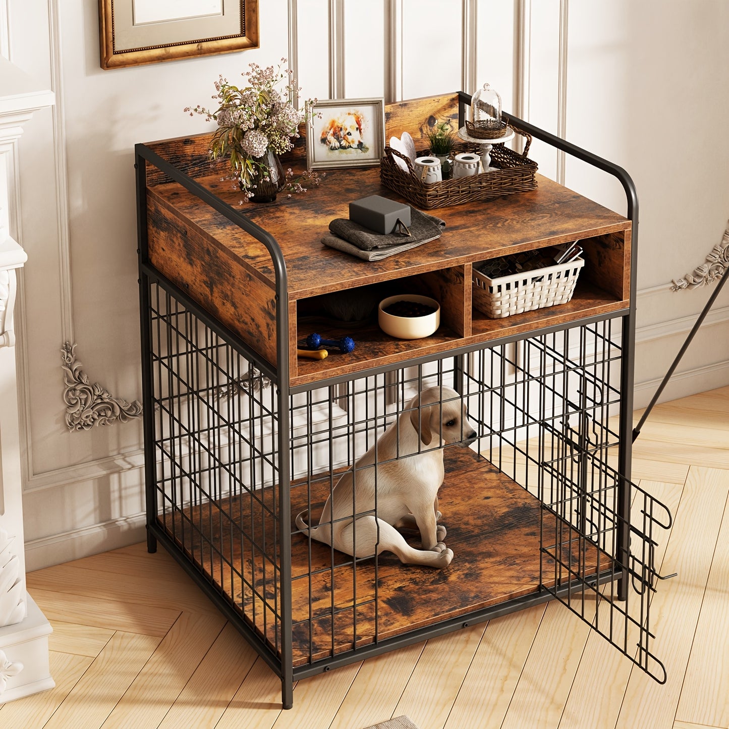 Saudiism Heavy Duty Wooden Dog Crate for Small Dogs with Drawers and Soft Interior