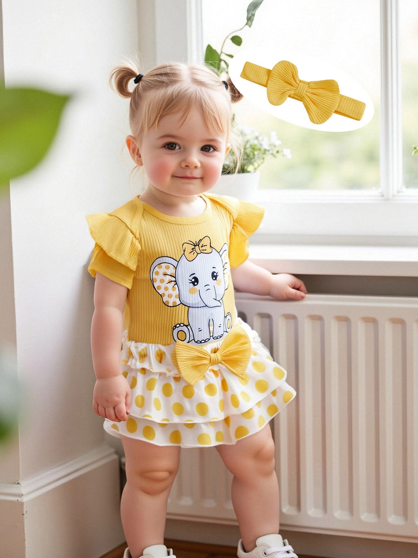 Baby Girls Summer Outfit Set Elephant Print Romper With Ruffle Shorts And Headband 3pc