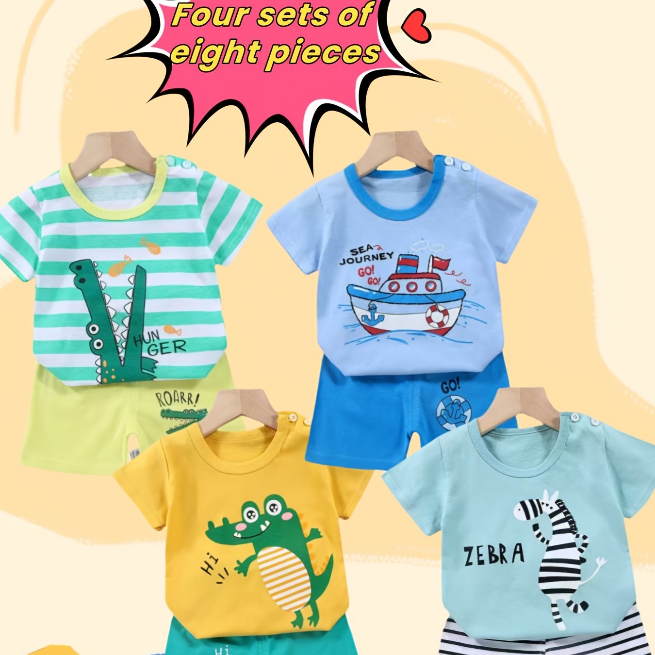 Baby Summer New Short Sleeve Suit! Four Sets! An Eight-piece Set! Children Like The Boat Crocodile Print Pattern, Pure Cotton Material, Comfortable And Breathable. It Is Also The Best Gift Parents Can Give Their Children. Sum