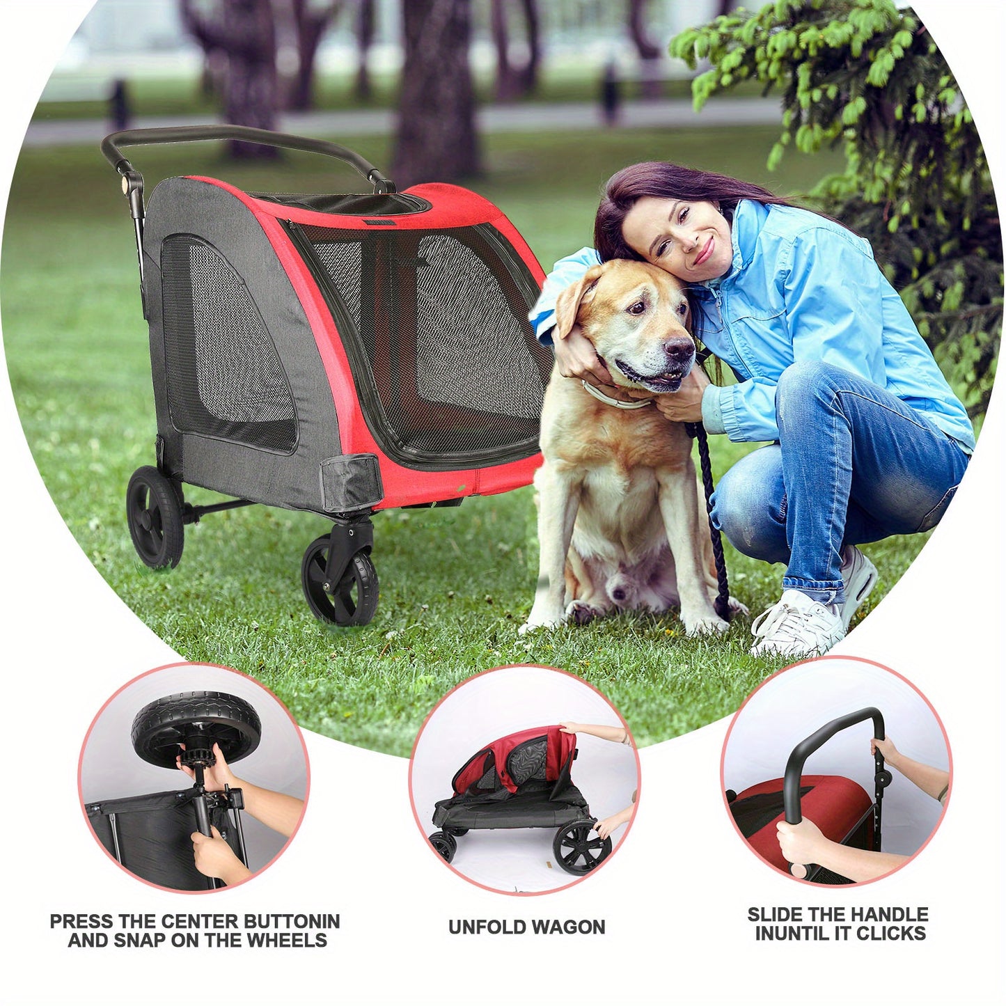 Spacious Pet StrollerRoomy For Pets Up To 120lbs (54kg). 3-sided Mesh For Airflow & Security. 360° Silent Wheels & 3-angle Adjustable Handle For Easy Maneuvering. One-step Fold For Compact Storage.