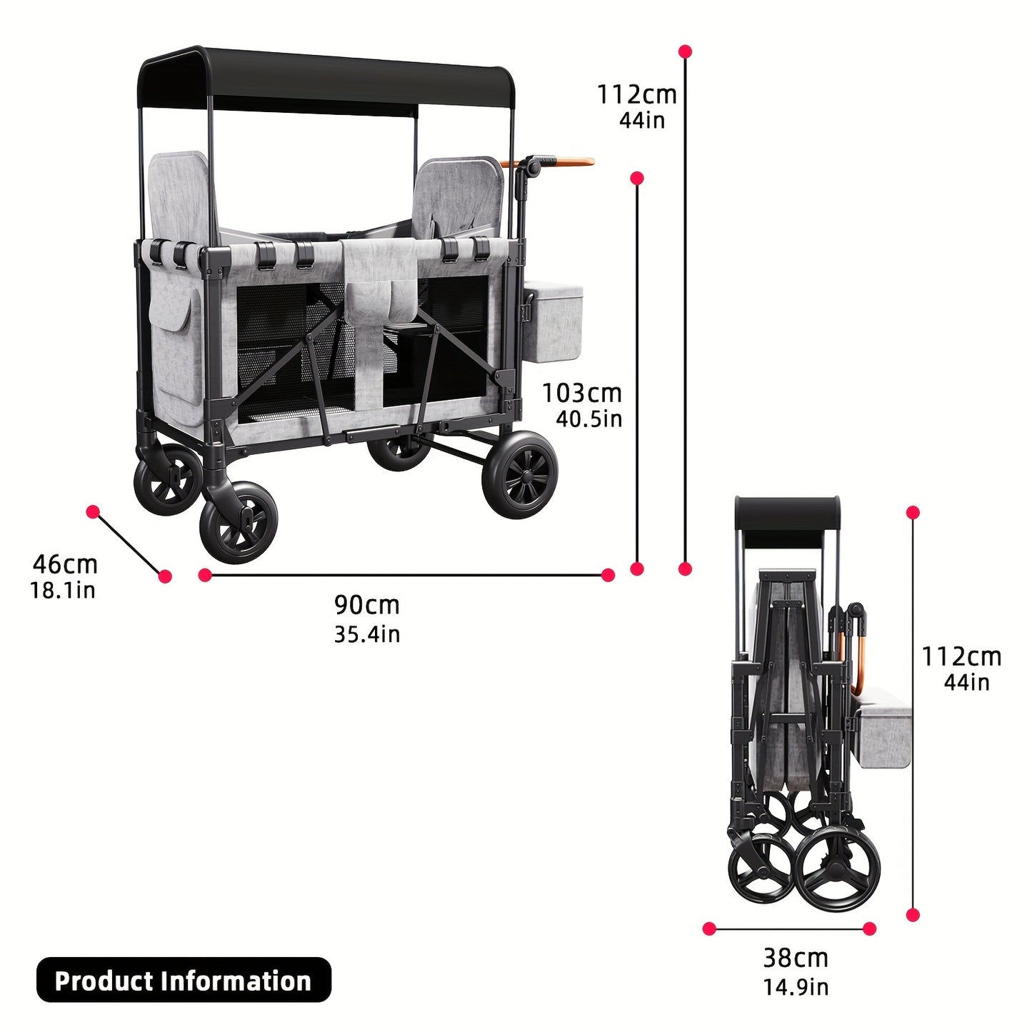 Double Stroller Wagon with 2 High Seats, 5-Point Harnesses, Adjustable Handle, and Height Adjustable Canopy for UV Protection