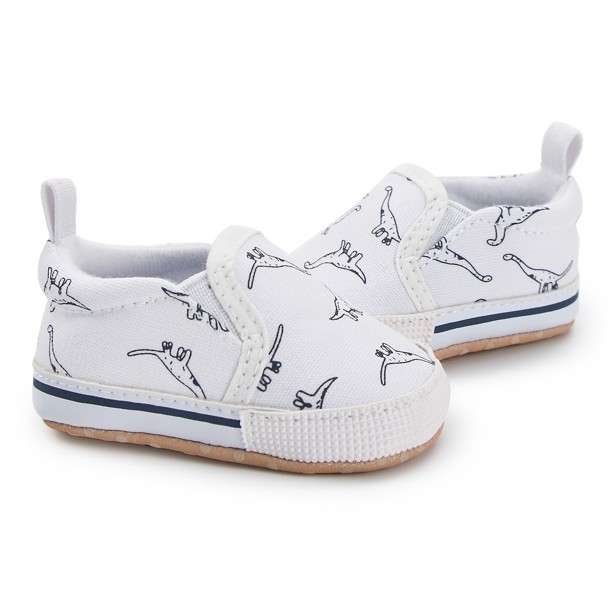 0-3 Months Slip-On Sneakers - Cute Cartoon Dinosaur Pattern Soft Fabric Low-Top Shoes for Indoor Crib Shoes, Spring & Autumn Daily Wear (Navy/White), Shoes