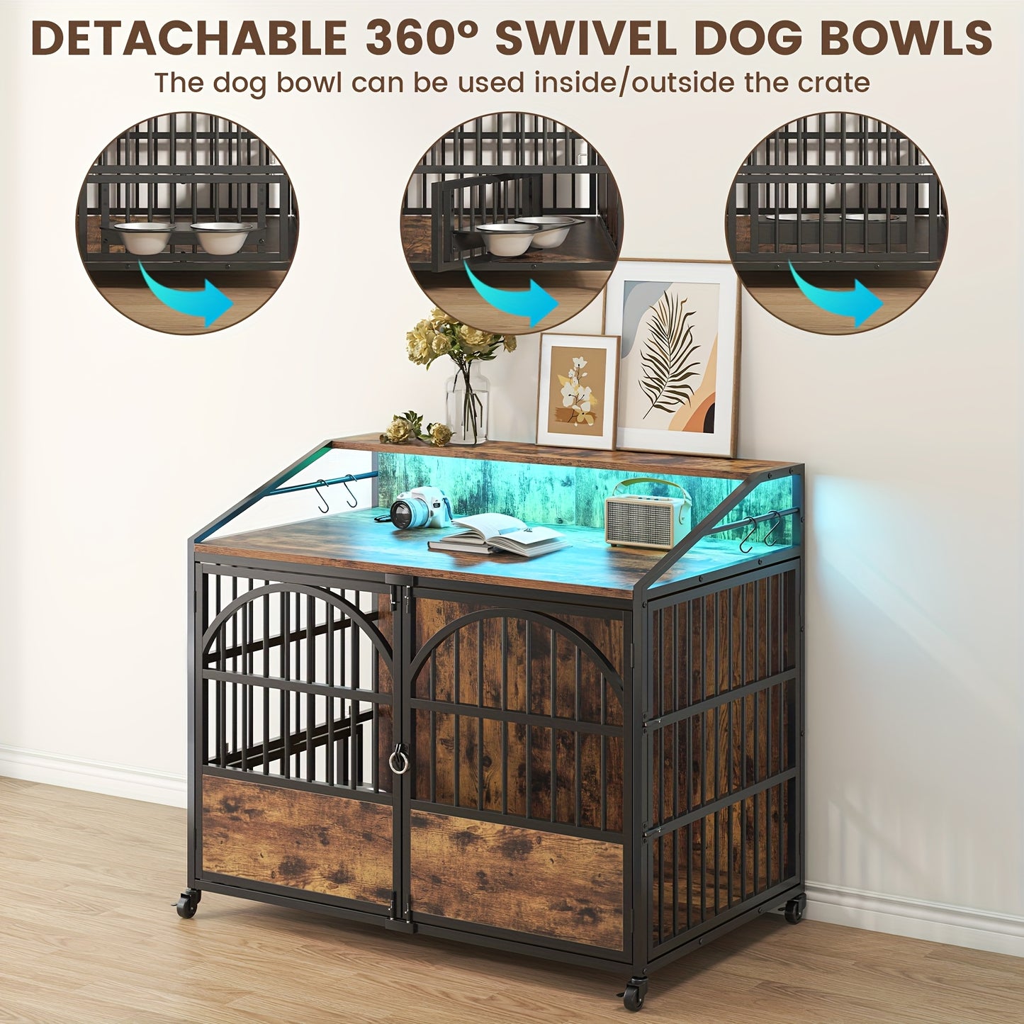 44 Inch Heavy Duty Metal Dog Crate Furniture with Wooden Top and Spacious Design for Large Dogs