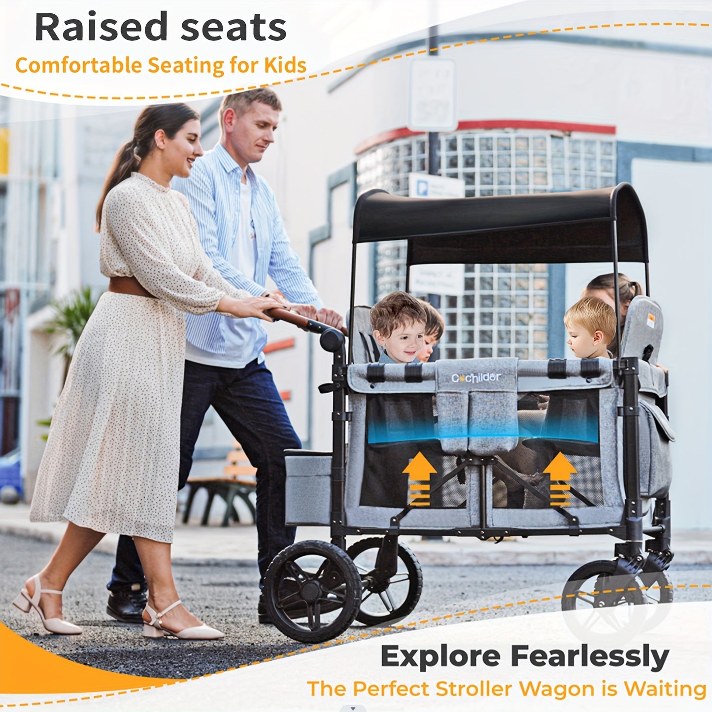 Cochildor Lightweight High Landscape Quadruplets Stroller (4 Seater), Collapsible Wagon Stroller with Seats, Adjustable Push Handle, And Removable UV Sun Canopy, Oversized Storage Basket, Baby Items Suitable for Shopping, Pic