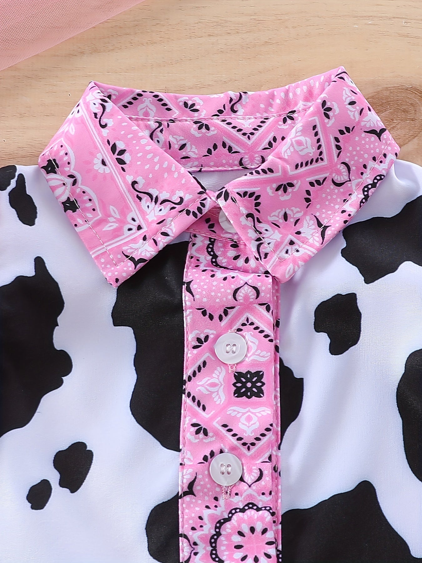 Adorable Girls' Cow Print Ruffle Sleeve Top & Denim Pocket Skirt Set - Machine Washable, Spring/Summer Collection, Children's Set, Cow Print, Leaf Edge, Denim Skirt, Perfect for Outdoor