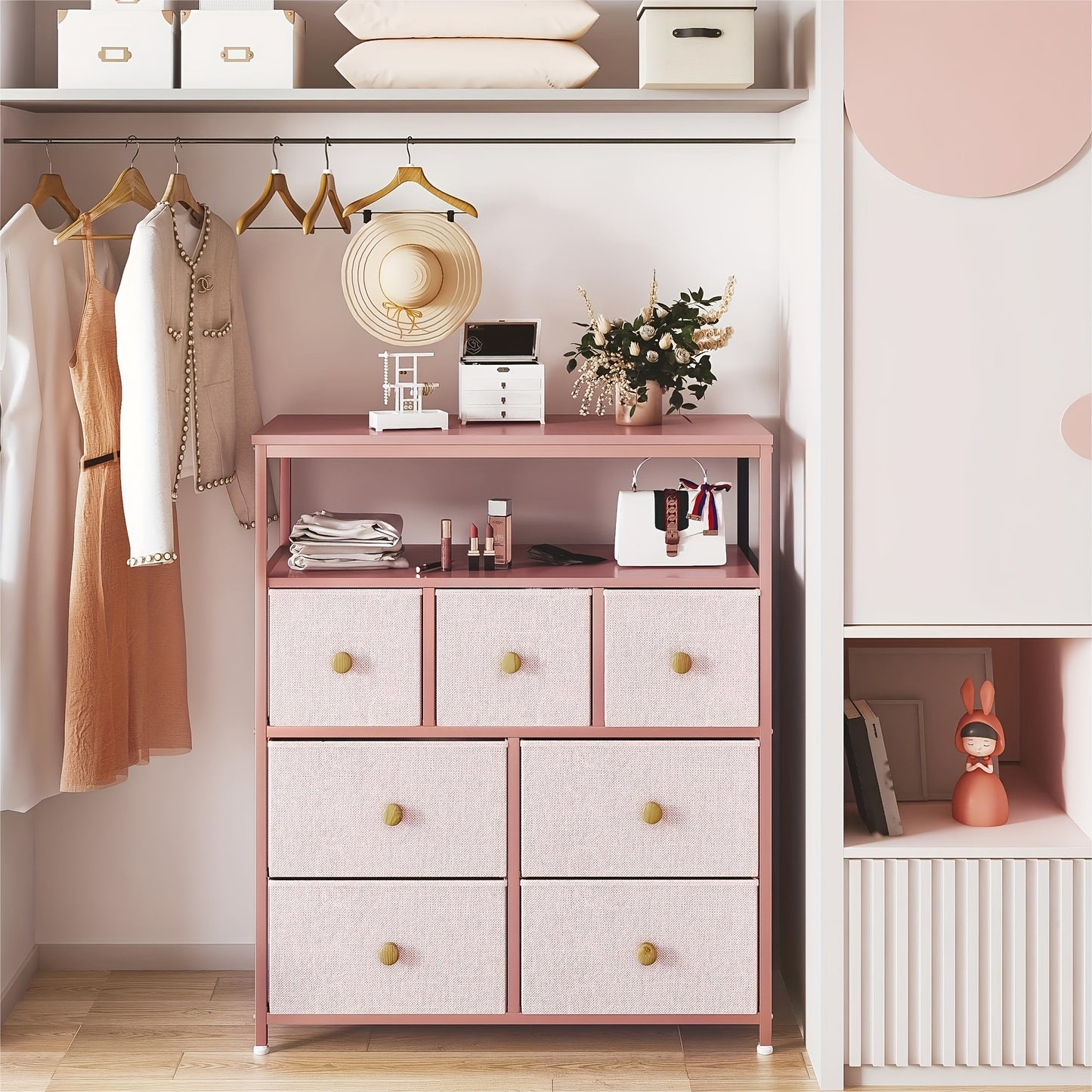 Pink Bedroom Dresser with 7 Drawers Stylish Storage Unit for Living Room and Closet