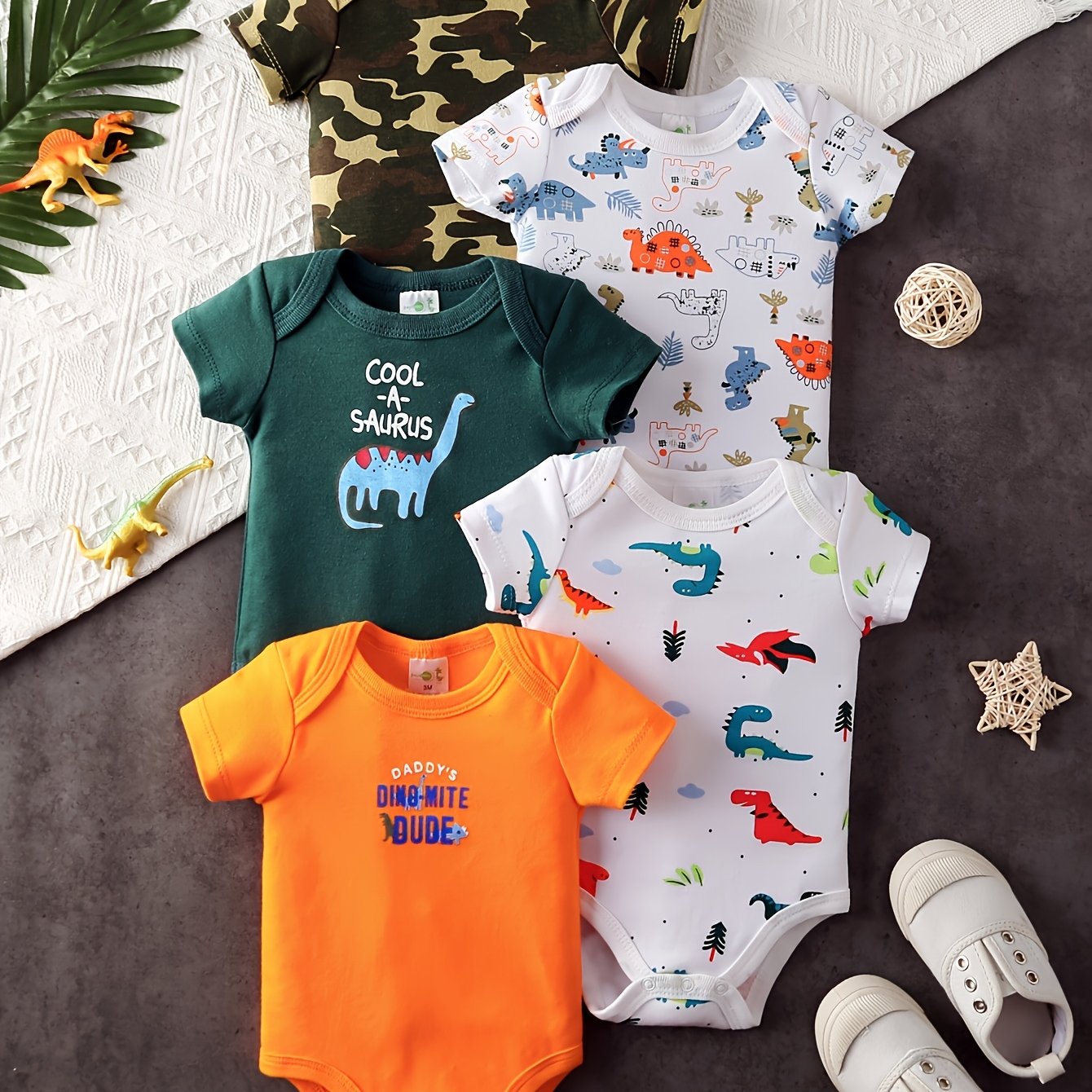 Five Pack Baby Boys Short Sleeve Cartoon Jumpsuits Dinosaur