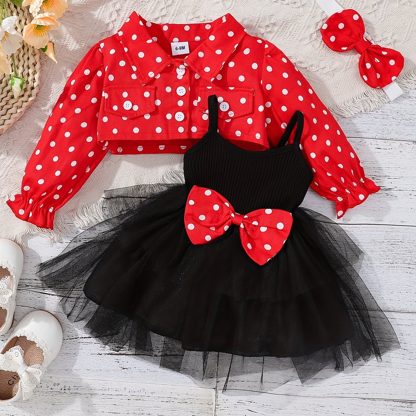 Baby Girl Red Head Knot Red Dot Jacket Black Suspender Mesh Skirt Set 3 to 24 Months