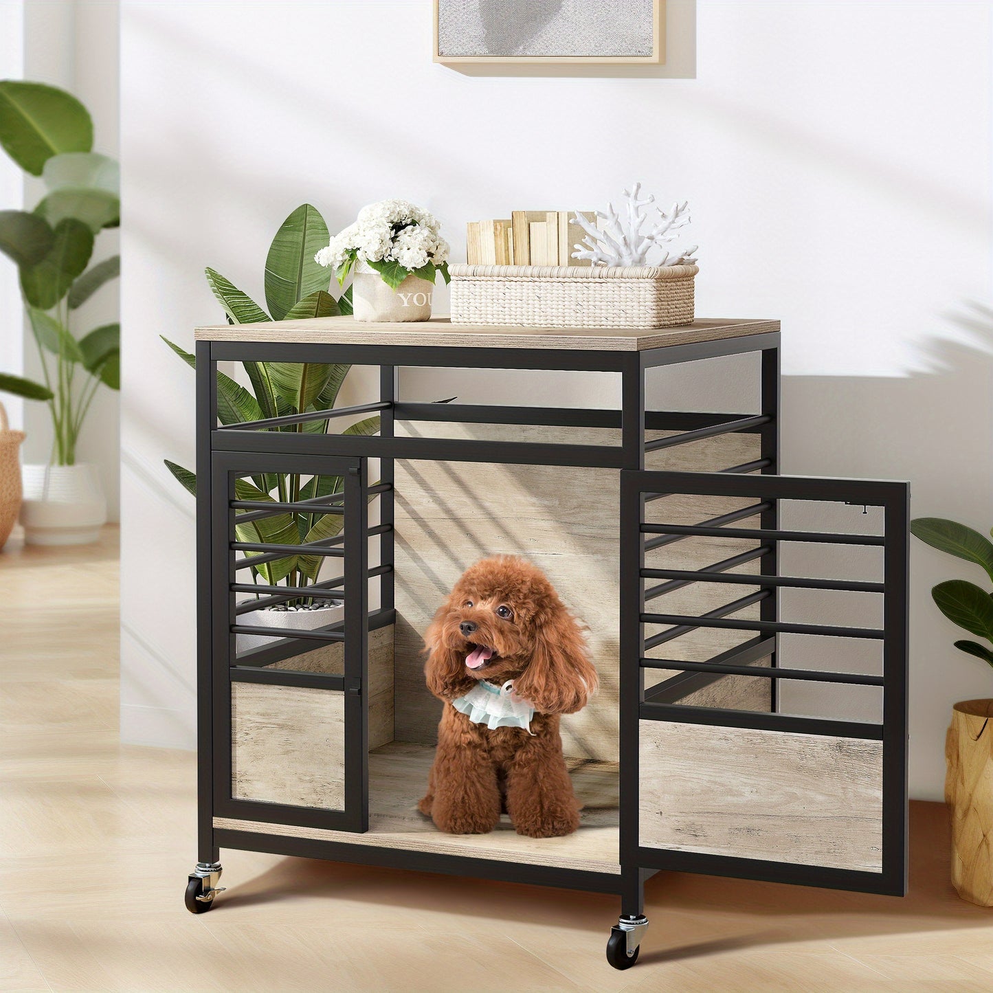 Homshop Heavy Duty Dog Cage Wooden Kennel with Wheels for Indoor Living Spaces