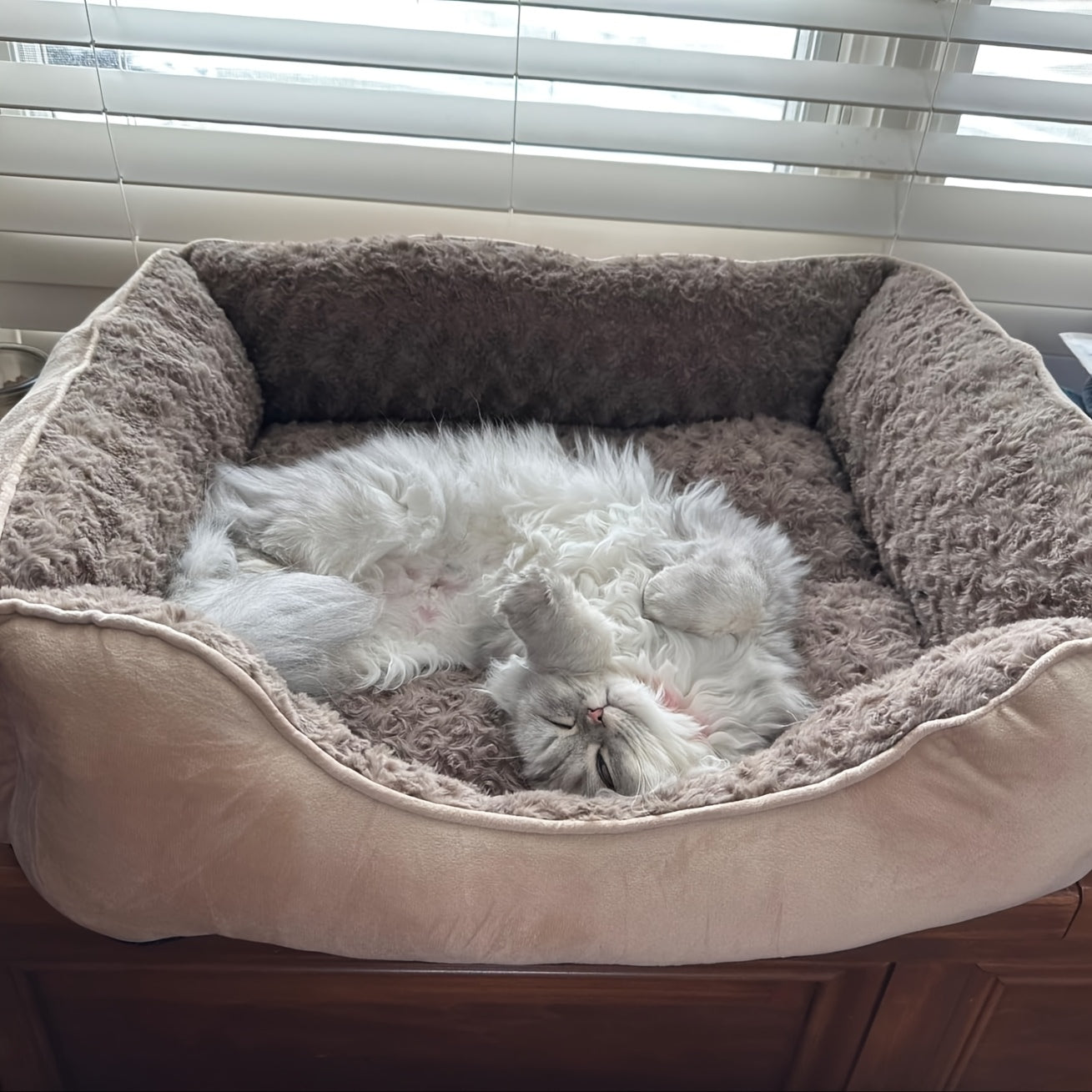 Cozy Khaki Plush Dog Bed with Non Slip Bottom Machine Washable Breathable Design