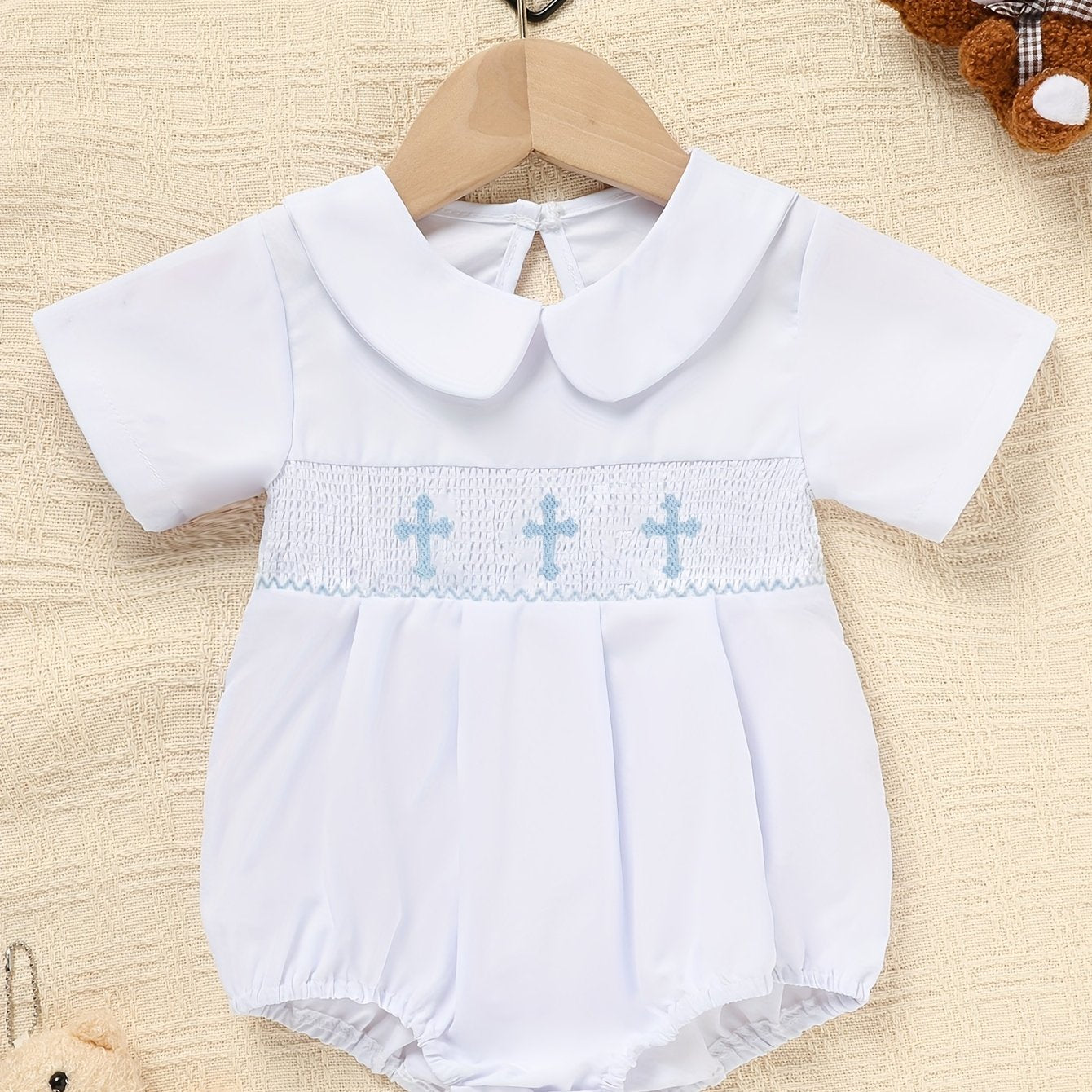 Zehjuhan Baby Girl And Baby Boy Romper Clothes Infant Short Sleeve Flip Collar Cross Embroidered Jumpsuit, for Outdoor