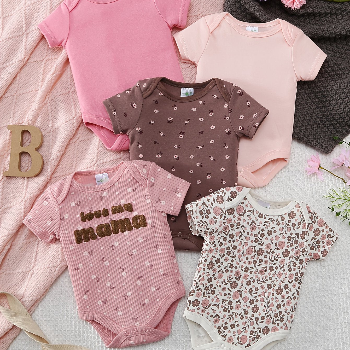 Newborn Short Sleeve Jumpsuit 5 Pack Floral 0 To 9 Months