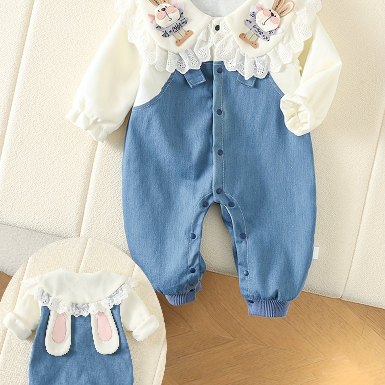 Cute Bunny Baby Girl Bodysuit Denim Lace Trim Long Sleeve