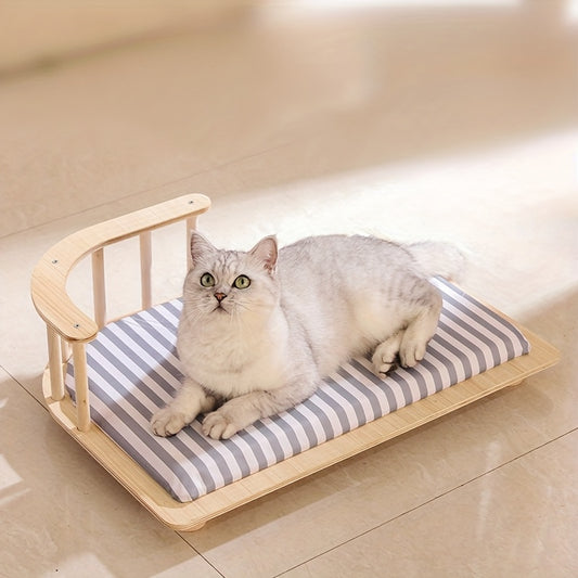 Durable Solid Wood Cat Bed Elevated Pet Nest with Striped Fabric Mat for Year-Round Comfort