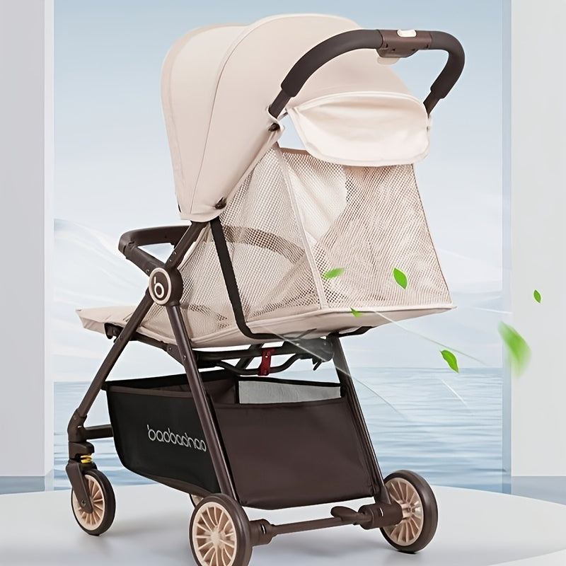 Compact Travel Stroller - Lightweight, Quick Fold, One-Click Operation, Beige & Brown Design, Anti-Skid Wheels, Large Capacity Basket, Portable Stroller for On-the-Go Parents, Durable Metal Frame, Compact Stroller