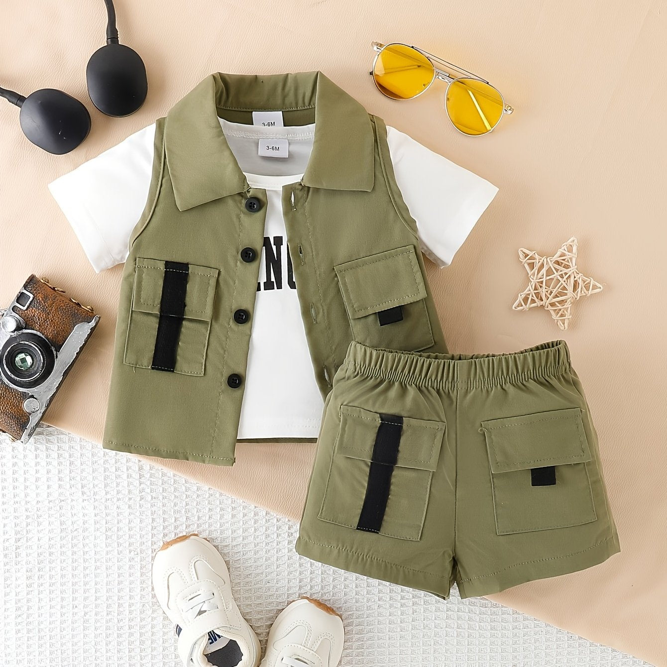 Boys' Summer New Casual Cargo Green Top & White T-Shirt & Versatile Green Shorts Three-Piece Set, for Outdoor, Perfect for Outdoor